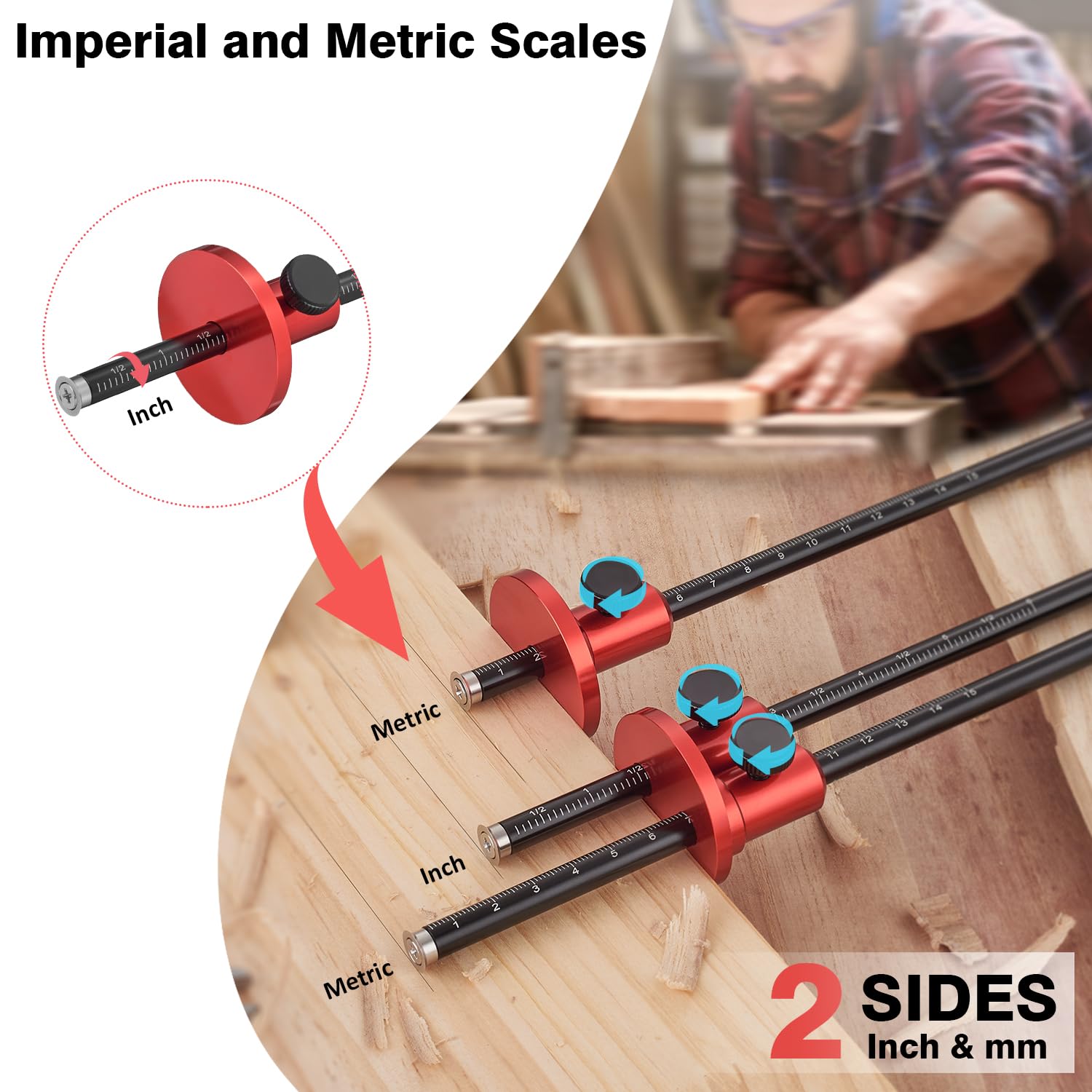 Euro Wheel Marking Gauge for Woodworking,Aluminum Alloy Wood Measuring Tools with Graduated Inch & MM Scale Precision Wood Scribing Marking Tool for Carpentry — Amazon image 5