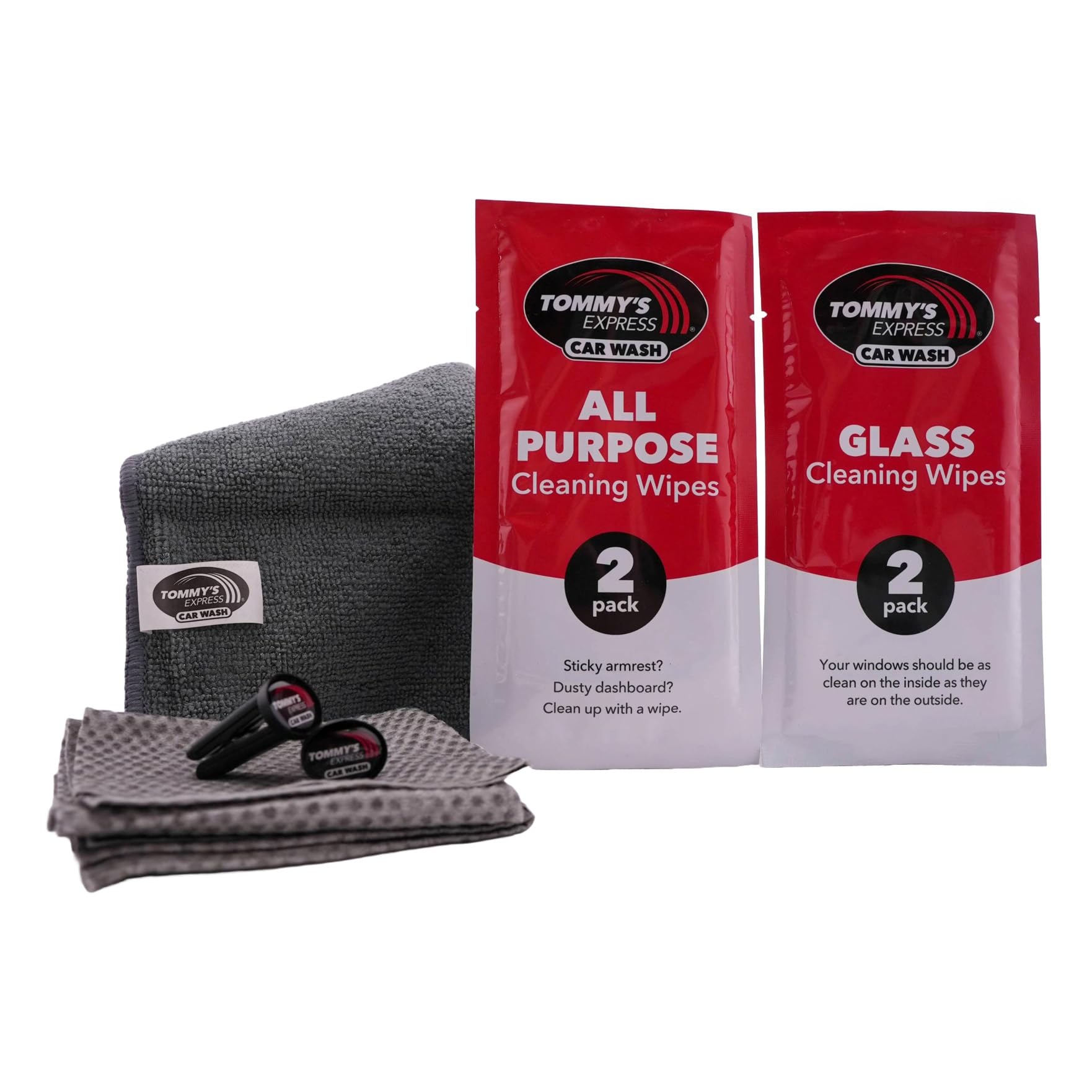 Tommy's Express Interior Detail Kit - Microfiber Cloth, 2X Shop Towels, 2X All-Purpose Wipes, 2X Glass Streak-Free Wipes and 2X Signature Tommy's Clean Car Scent Vent Air Fresheners (9 Piece Set) (1)