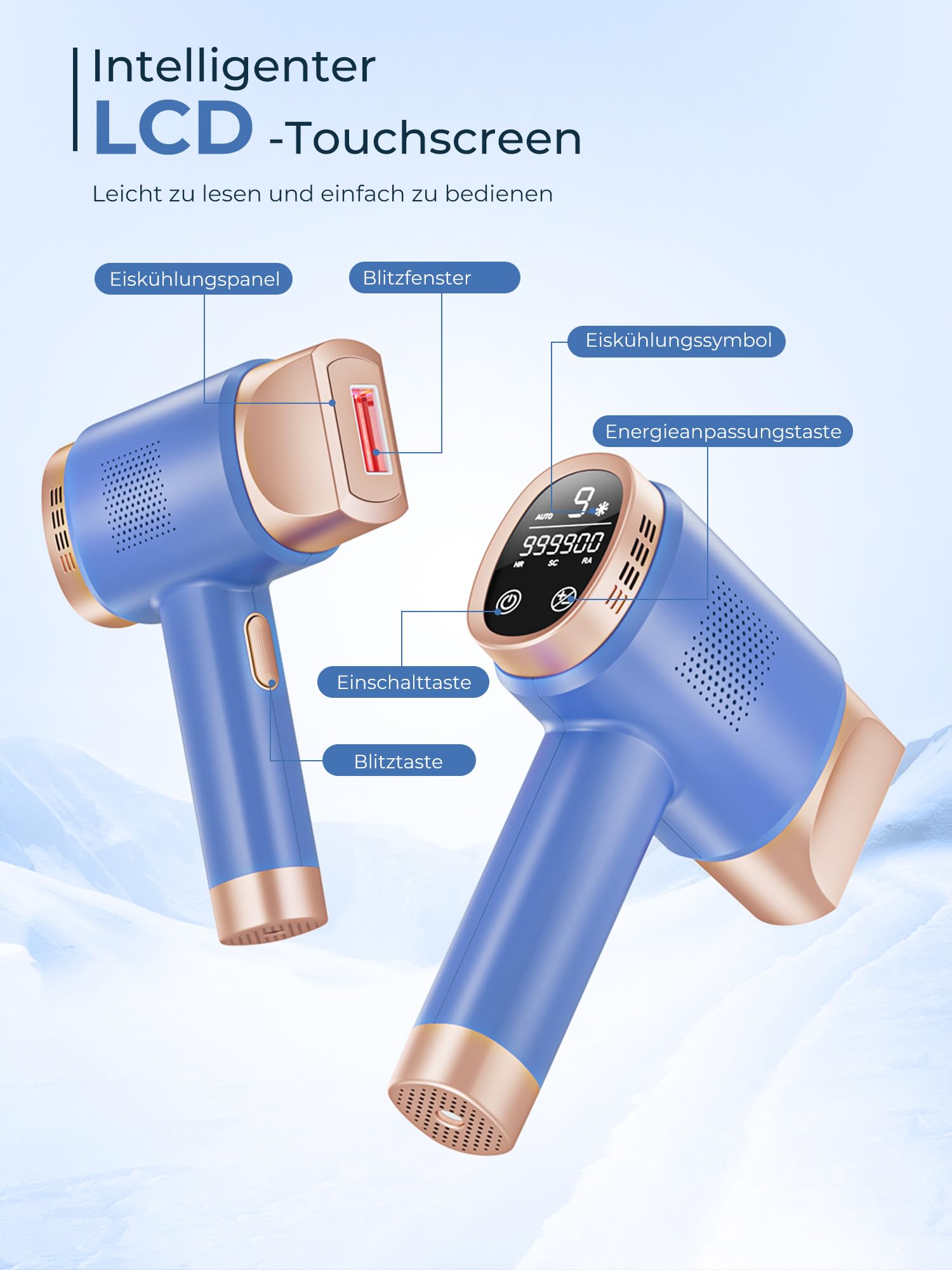Geräte Haarentfernung mit 8℃ Kühlsystem, Schmerzfreie Haarentfernung Zuhause, 9 Energiestufen 21J für Damen Herren, Gesich Achseln Bikini Beine Körper, Hellblau