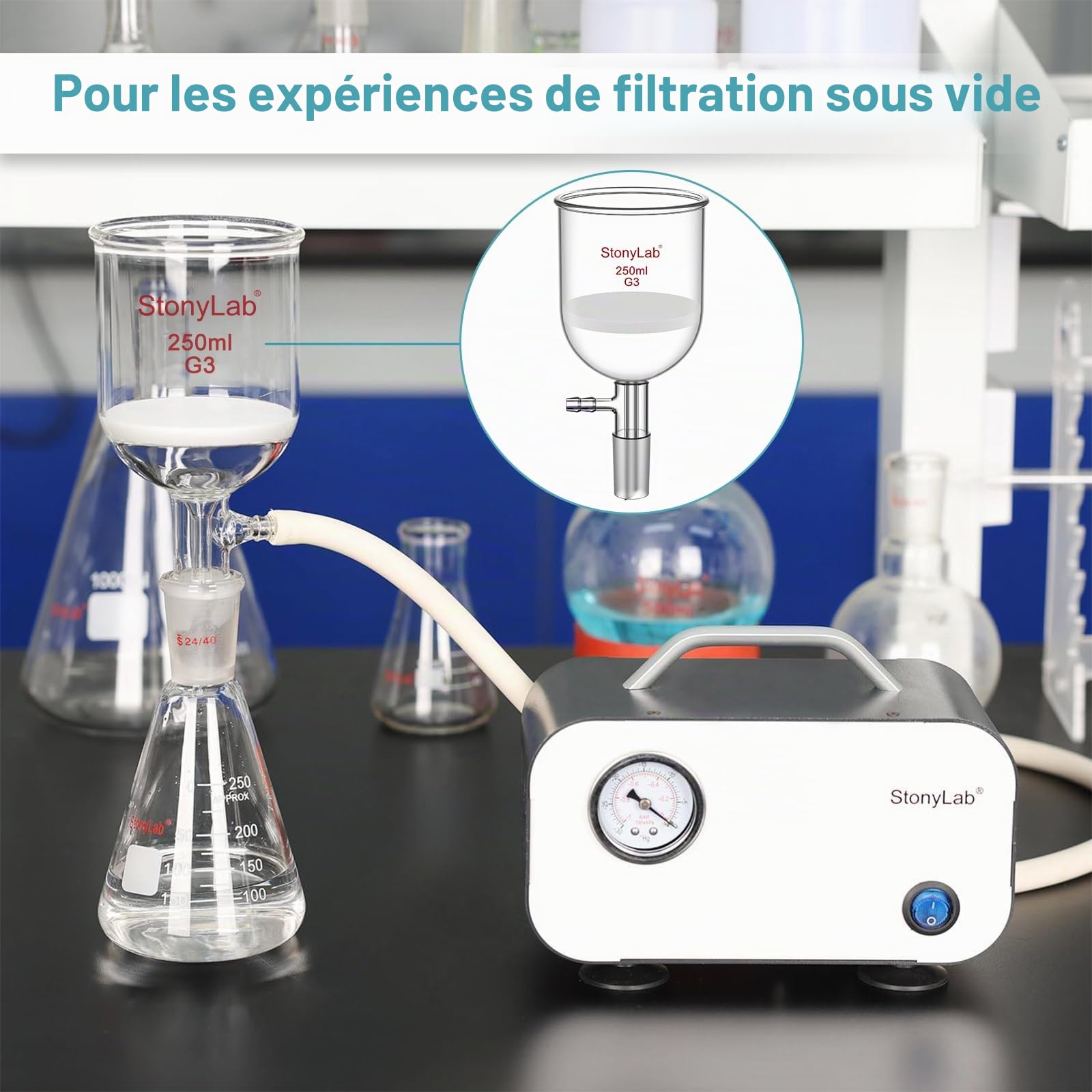 StonyLab Verre Borosilicate Buchner Entonnoir avec Fine Fritte (G3), Diamètre Intérieur de 94 mm, Profondeur de 100 mm, avec 24/40 Standard Joint et Tubulation Dentelée Sous Vide (500 ml)