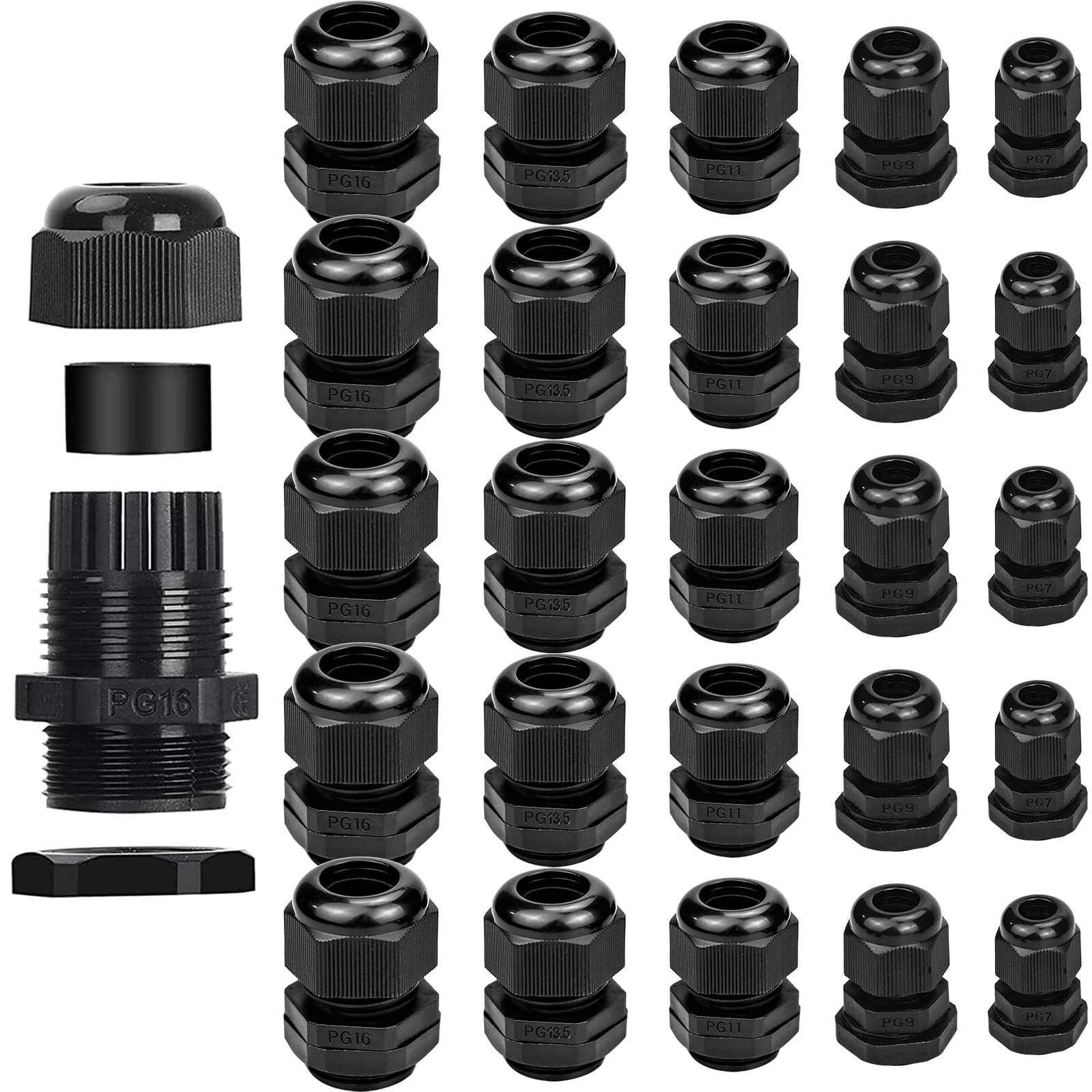 GOOHOME 25Pcs Cable Glands 20mm Compression Glands Adjustable Cable Connectors Nylon Cable Glands Joints Waterproof IP68 with Locknut and Washer PG7 PG9 PG11 PG13.5 PG16 (Black)