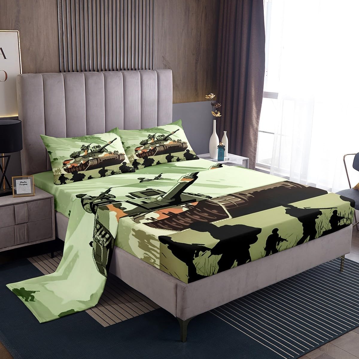 jejeloiu Tank Soldier Bed Sheets Set Full Size Kids American Army Fitted Sheet with Deep Pocket for Boys Girls Teens Military Equipment Bedding Set Breathable Fight Bedroom Decor Bedclothes