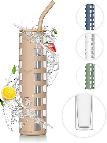 purifyou Vaso de vidrio de 20 onzas con pajilla, tapa de bambú y funda protectora de silicona, vaso de vidrio de doble pared para batidos, té Boba y