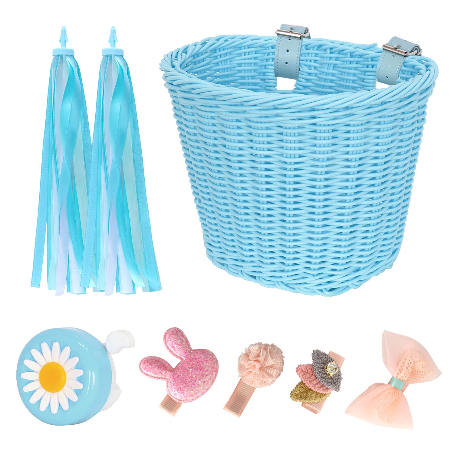 RAYMACE Kids Bike Basket Streamers Bell Set, Children's Bicycle Handlebar Basket with 4pcs Girl Hair Clips, Cute Accessories Kit for Kids' Bike, Scooter