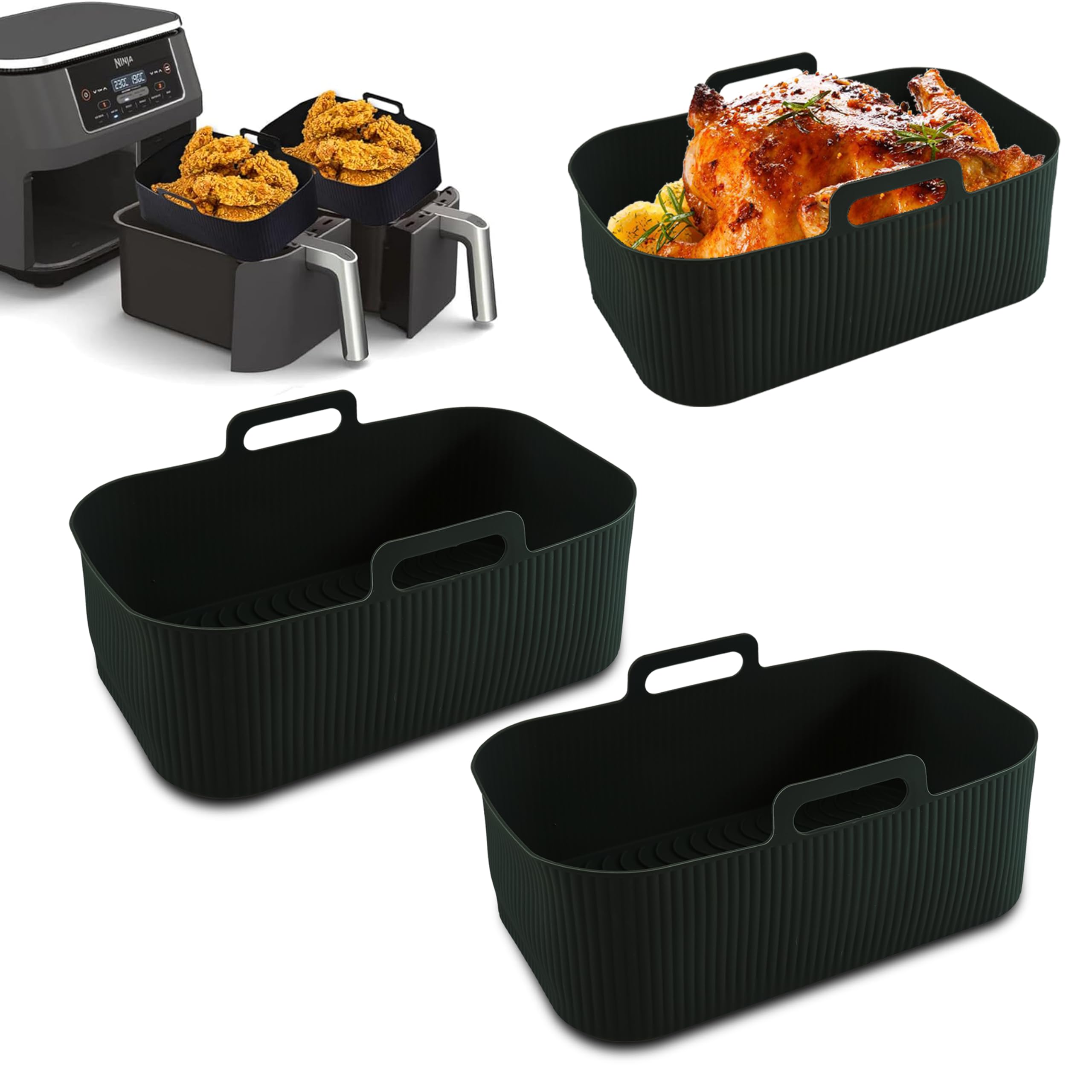20cm Rectangle Air Fryer Liner - 2 Pack for Ninja Dual AF300UK, Reusable Non-Stick Silicone, Dishwasher Safe, Heat Resistant, Thicker for Even Heat Distribution