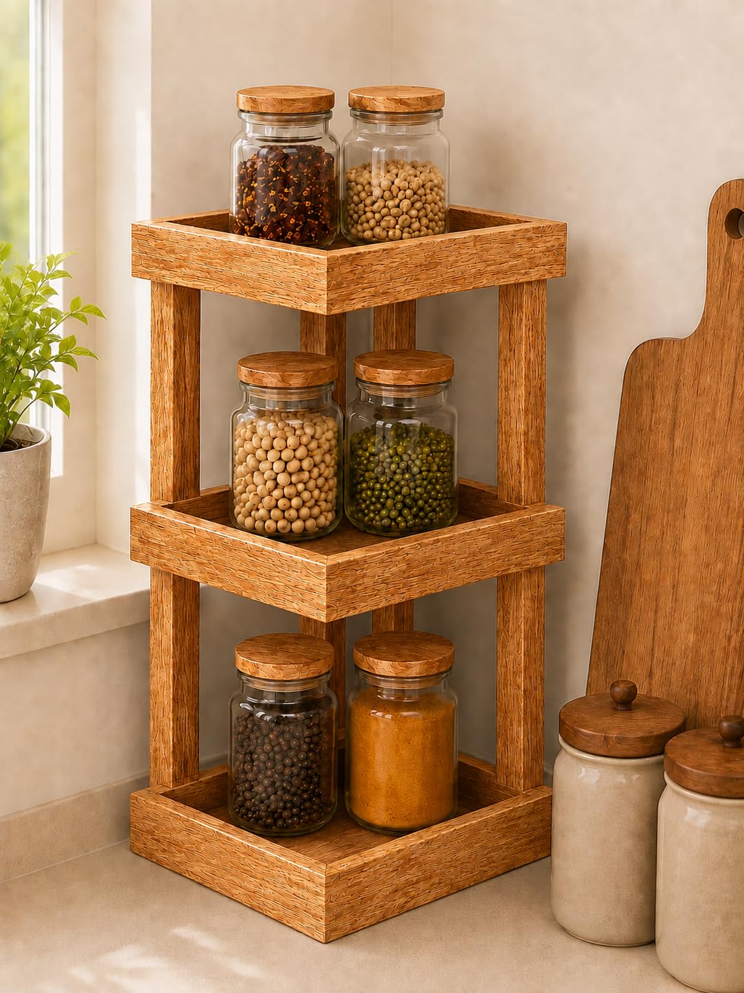 3-Tier Wooden Corner Organizer Shelf | Multi-Purpose Countertop Storage Rack for Bathroom, Kitchen, Vanity, Office & Home Décor | Rustic Wooden Display Stand for Cosmetics, Spices & Accessories-picture-26