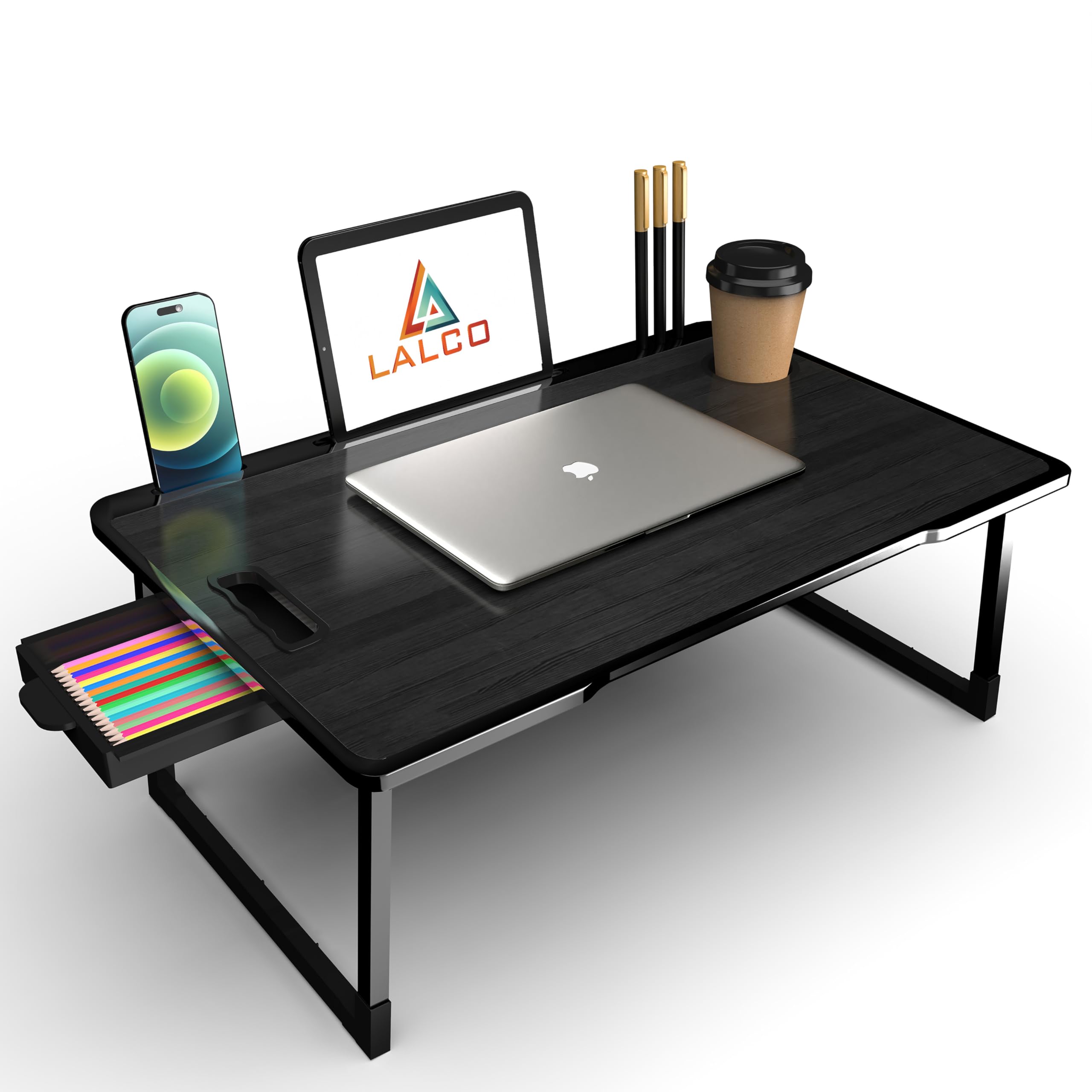 LALCO® Foldable Wooden Mini Laptop Table for Bed, Study Table with Drawer, Tablet/Mobile Holder for Kids & Adults (COTTEDS Black)
