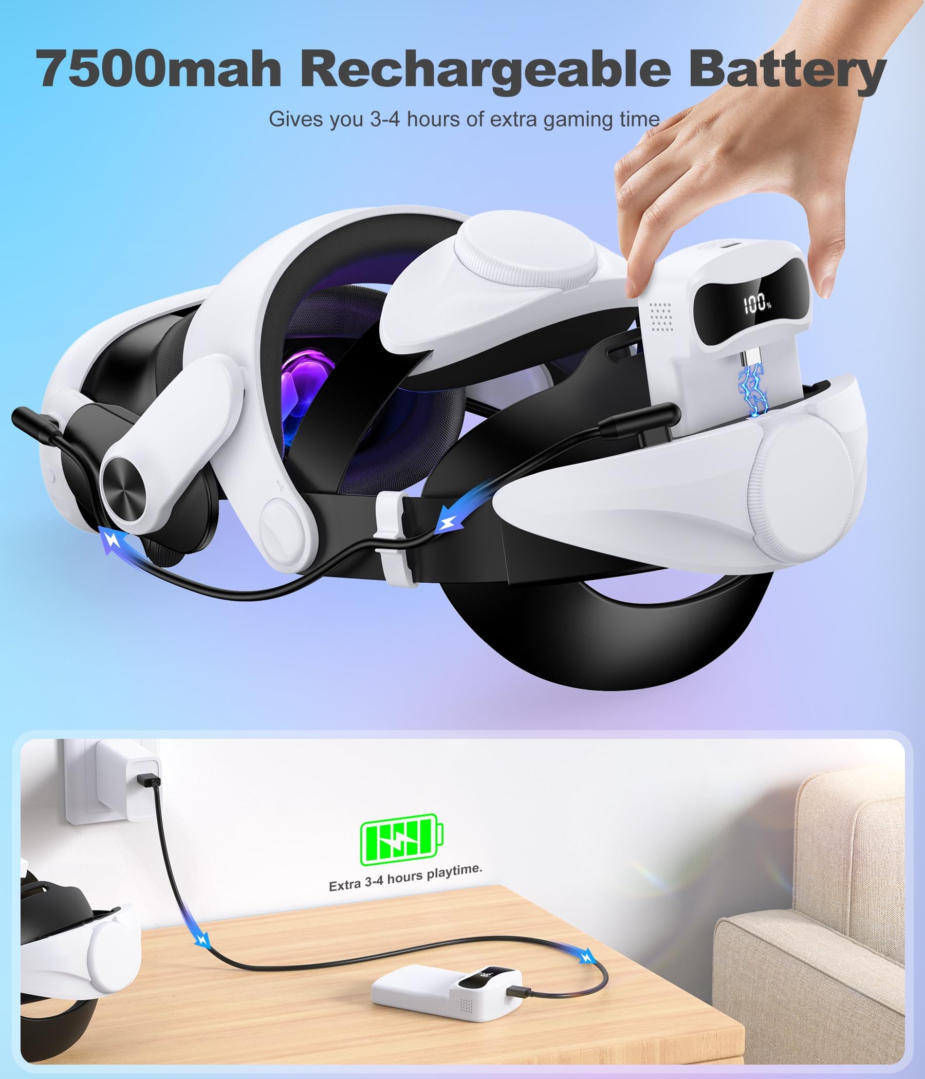 NinjajoyOX Bateria de 7500 mAh para Meta Oculus Quest 3S/3/2 alça