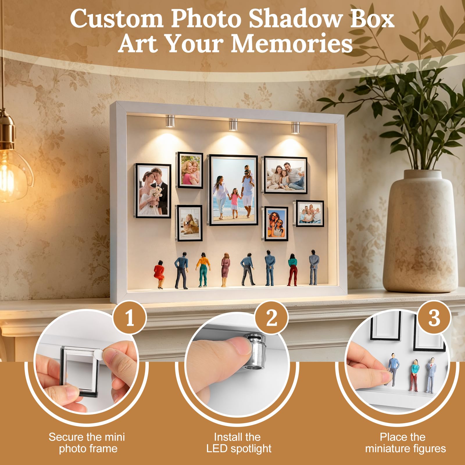 Mini muzeum "zrób to sam", miniaturowe figurki 3D, muzeum, ramka na zdjęcia z 7 mini ramkami, 8 miniaturowych osób, 3 diody LED, drewniana rama biała, na urodziny, rocznicę, zakończenie szkoły