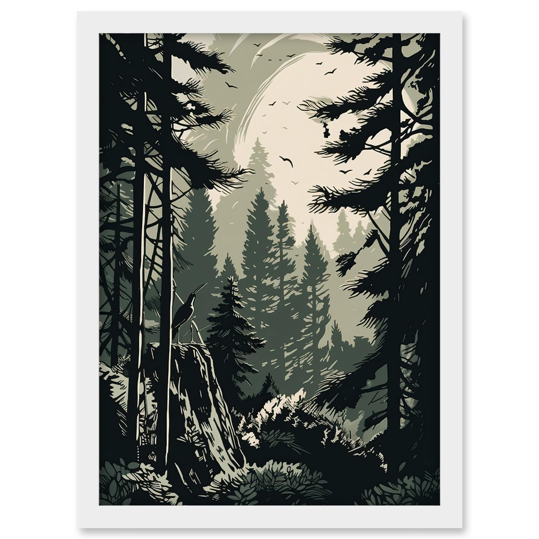 Artery8 Pine Tree Forest Sunrise Landscape Illustration Artwork Framed A3 Wall Art Print