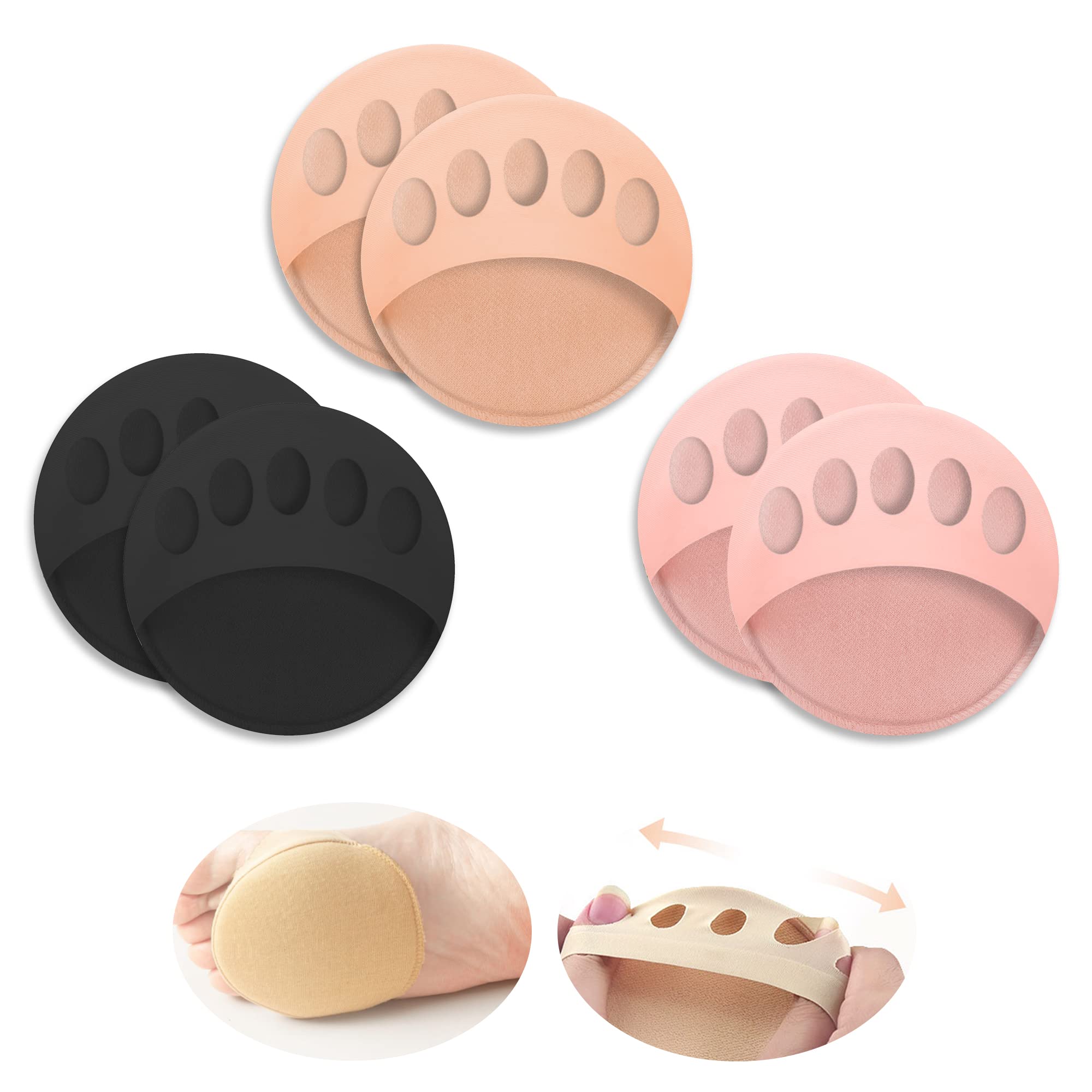 Metatarsa Foot Pads Reusable Soft Ball of Foot Cushions Forefoot Pads for Women Prevention Pain Relief Honeycomb Fabric Foot Pads (Black-Beige-Pink)