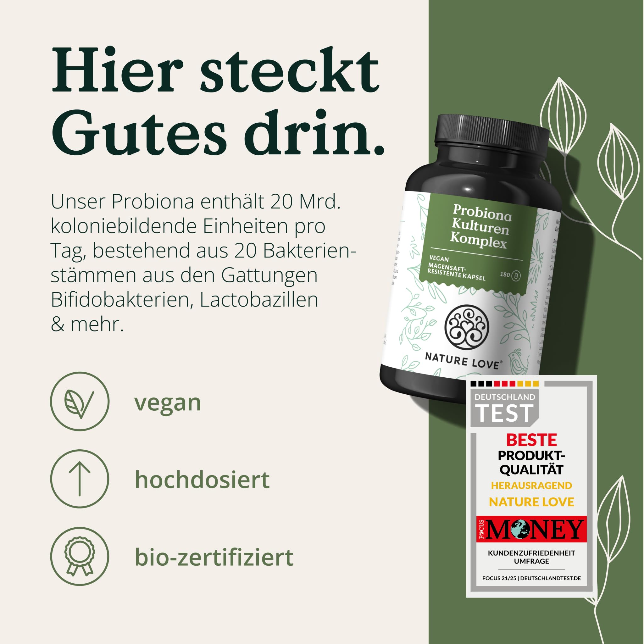 Nature Love Probiona Kulturen Komplex – abgestimmte Bakterienstämme – 300 Mrd. KBE/g – 180 Kapseln, magensaftresistent, vegan – mit Lactobacillus & Bifidobakterien, 20 Mrd. KBE/Tag, 3 Monate