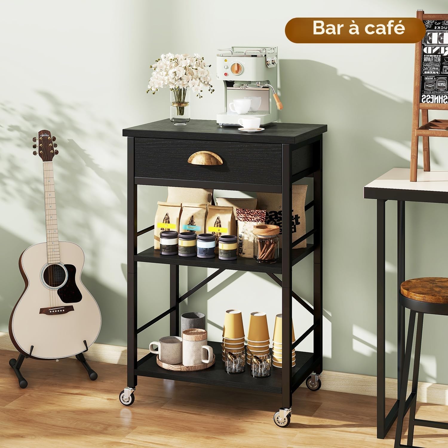 IBUYKE – Étagère boulanger de cuisine avec tiroirs, support à 3 niveaux pour four à micro-ondes avec espace de rangement, table de bar à café avec roulettes, étagère réglable, montage simple, noir