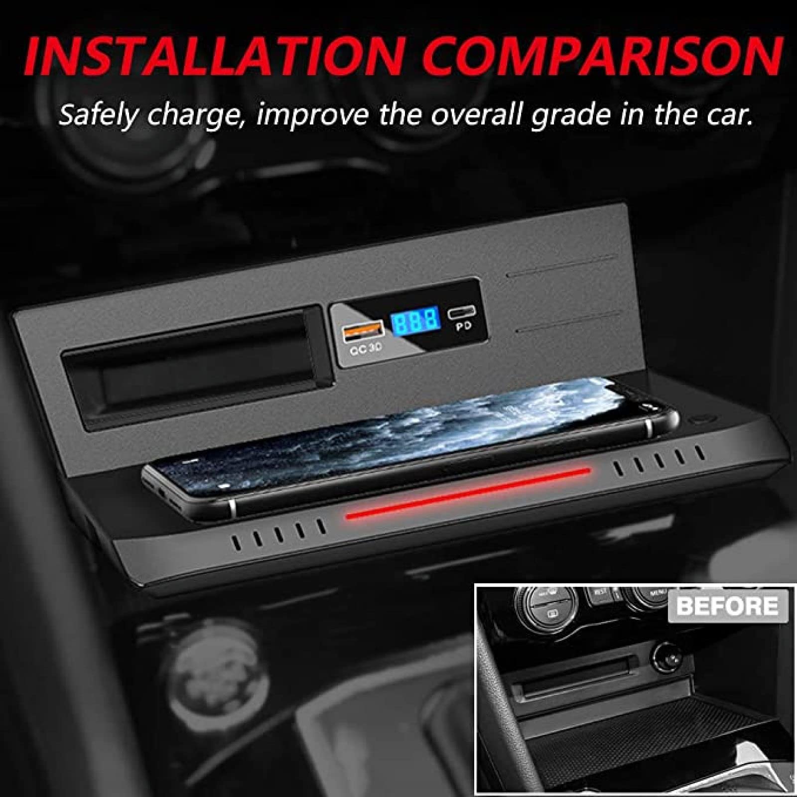 Cargador de coche inalámbrico Qi rápido de 15 W [sentido electromagnético] almohadilla de carga inalámbrica para VW TI-GUAN 2018 2019 2020 2021 Panel de accesorios de consola central con USB QC3.