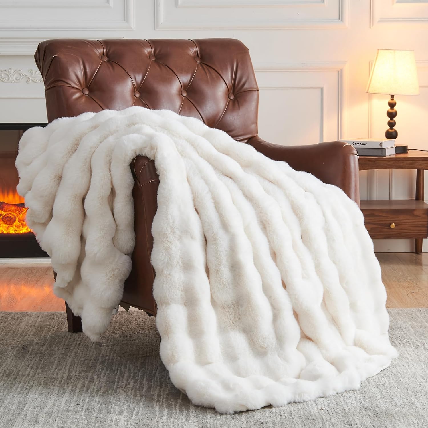 NEWCOSPLAY Faux Fur Throw Blanket Ivory Luxury Fluffy Thick Warm Bubble Blanket for Couch Sofa Bed 1000GSM (Ivory Bubble Thick, Throw(50"x60"))