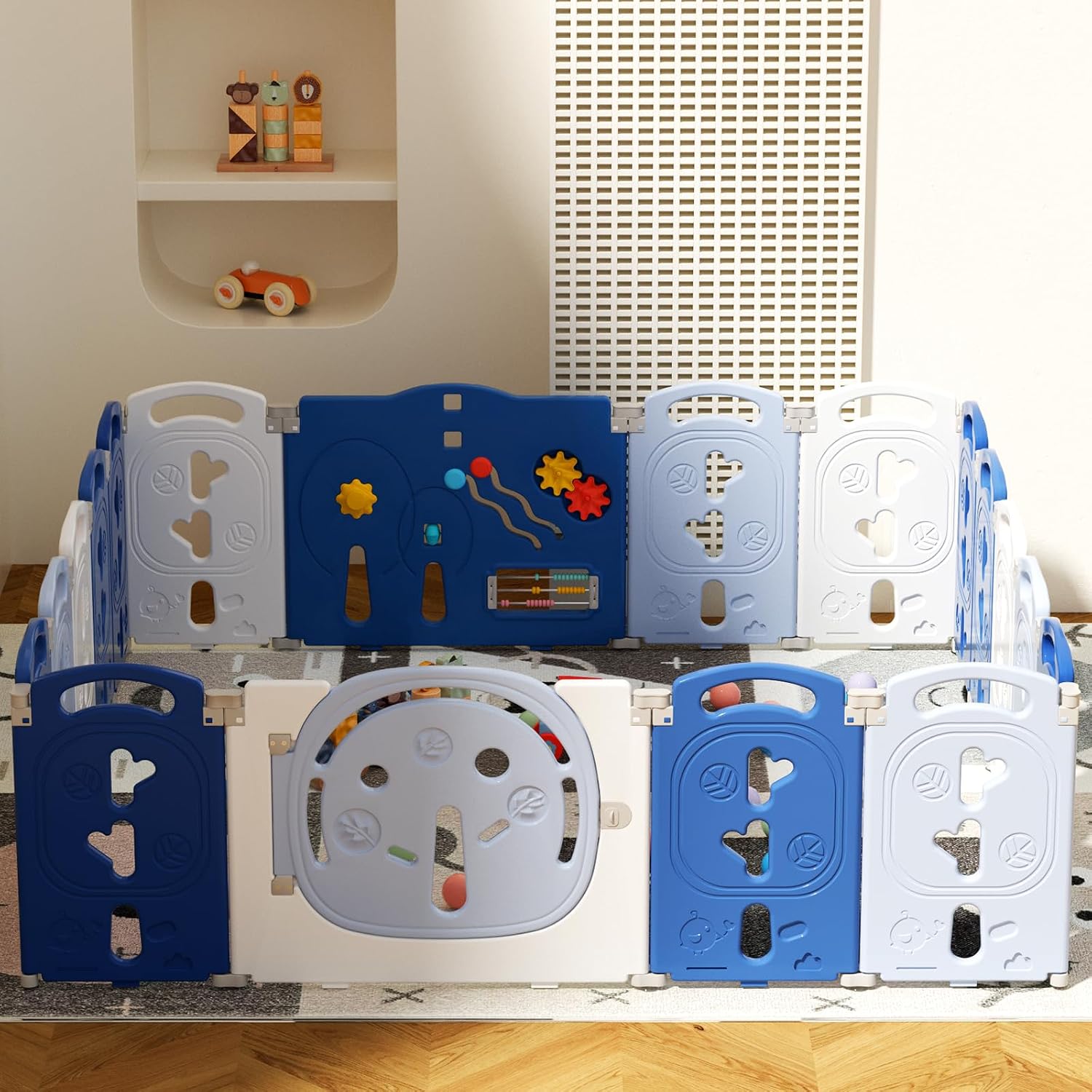 Baby Playpen, Foldable & Portable Play Yard for Babies and Toddlers, Easy Assemble 18 Panel Kids Fence Safety Activity Play Center with Lock, Home Indoor Outdoor, Blue White