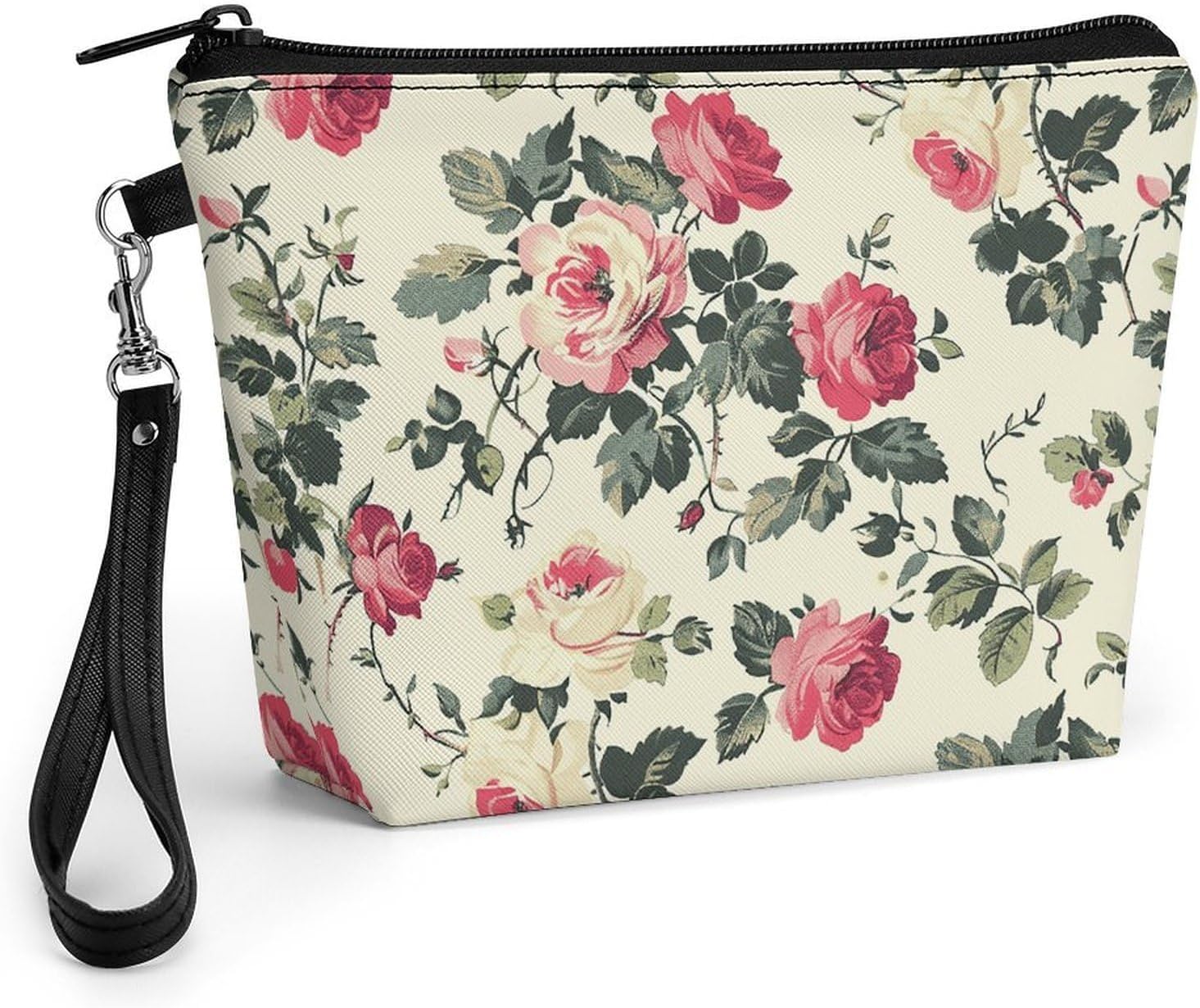 Cream Rose Pattern Travel Makeup Bag Large Capacity Toiletry Bag