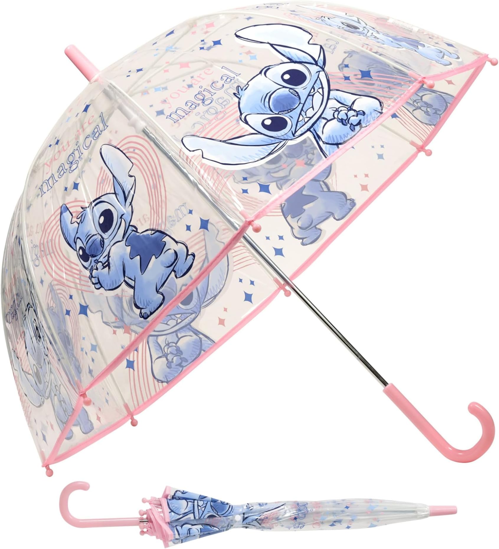 Stitch Folding Transparent Lightweight Dome Umbrella 19'' with Hook Handle for Girls Gifts