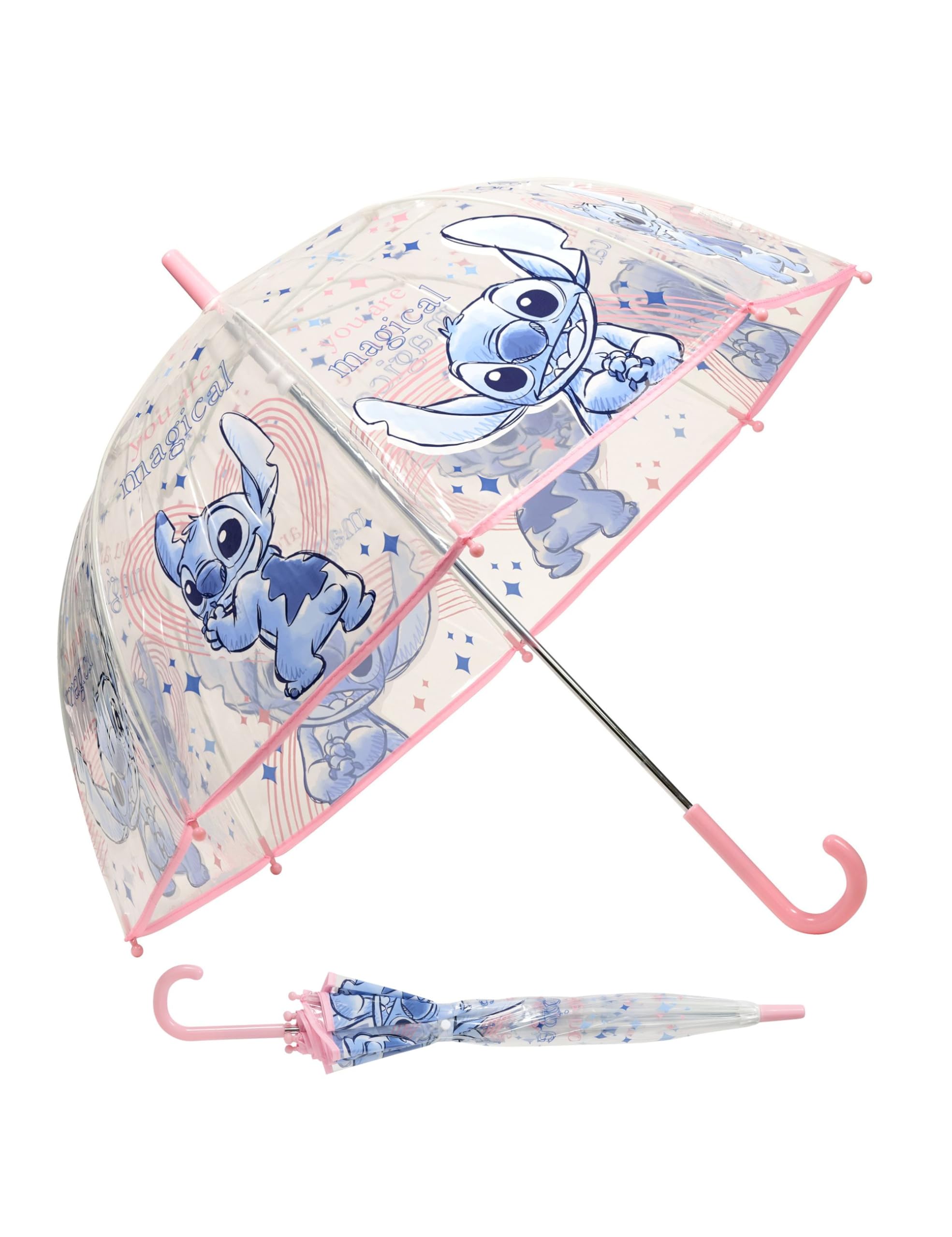 Disney Stitch Folding Transparent Lightweight Dome Umbrella 19'' with Hook Handle for Girls Gifts