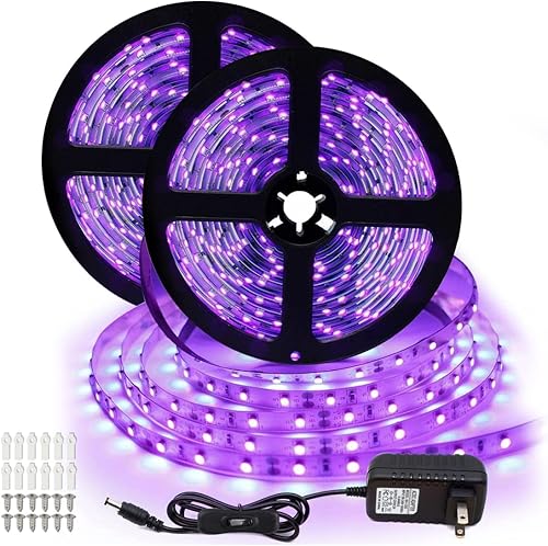inShareplus Kit de tira LED de luz negra UV, 24 W, 33 pies32.8 ft, 600 LED, 395 nm-405 nm, cinta de luz negra flexible de 12 V, no impermeable para