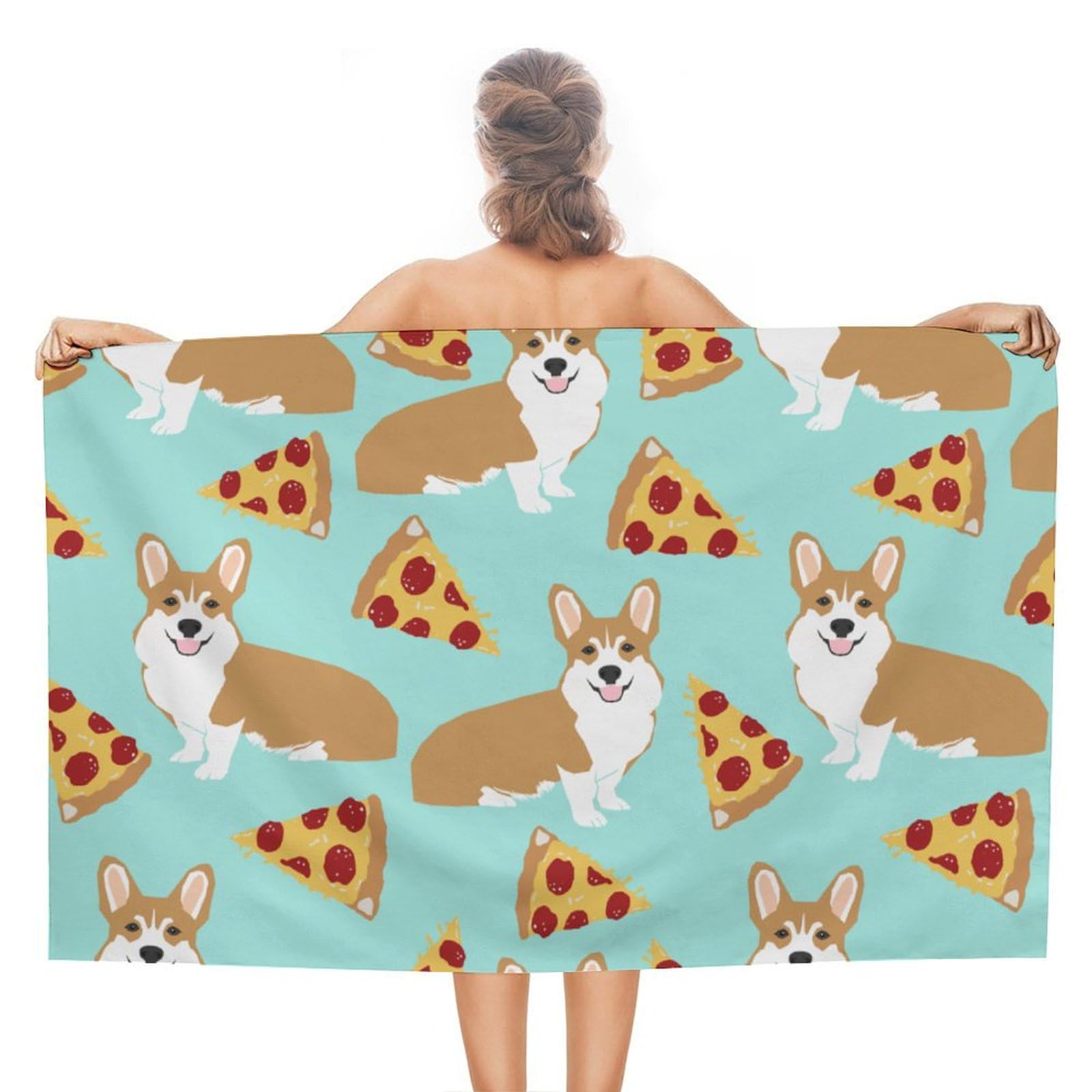 LEDFCVSU Beach Towel, Corgi And Pizza Bath Towel, Absorbent Towel for Swimming, Sports, Travel