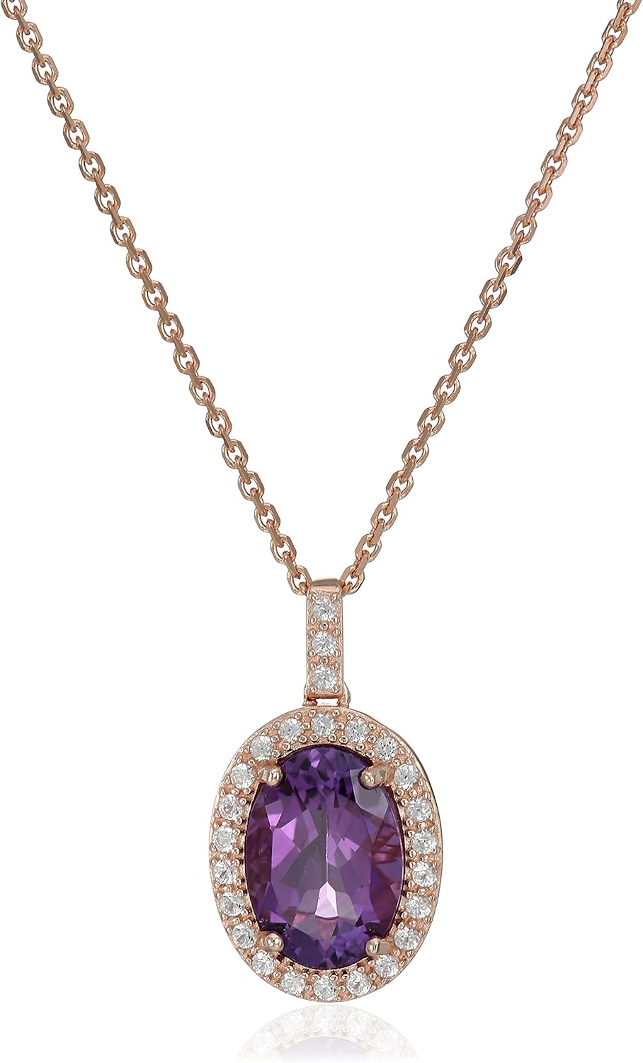 MORGAN & PAIGE .925 Sterling Silver 14K Rose Gold Plated Genuine Amethyst and Created White Sapphire Halo Oval Pendant Necklace for Women - Hypoallergenic Sterling Silver Necklace for Women, 18 inch
