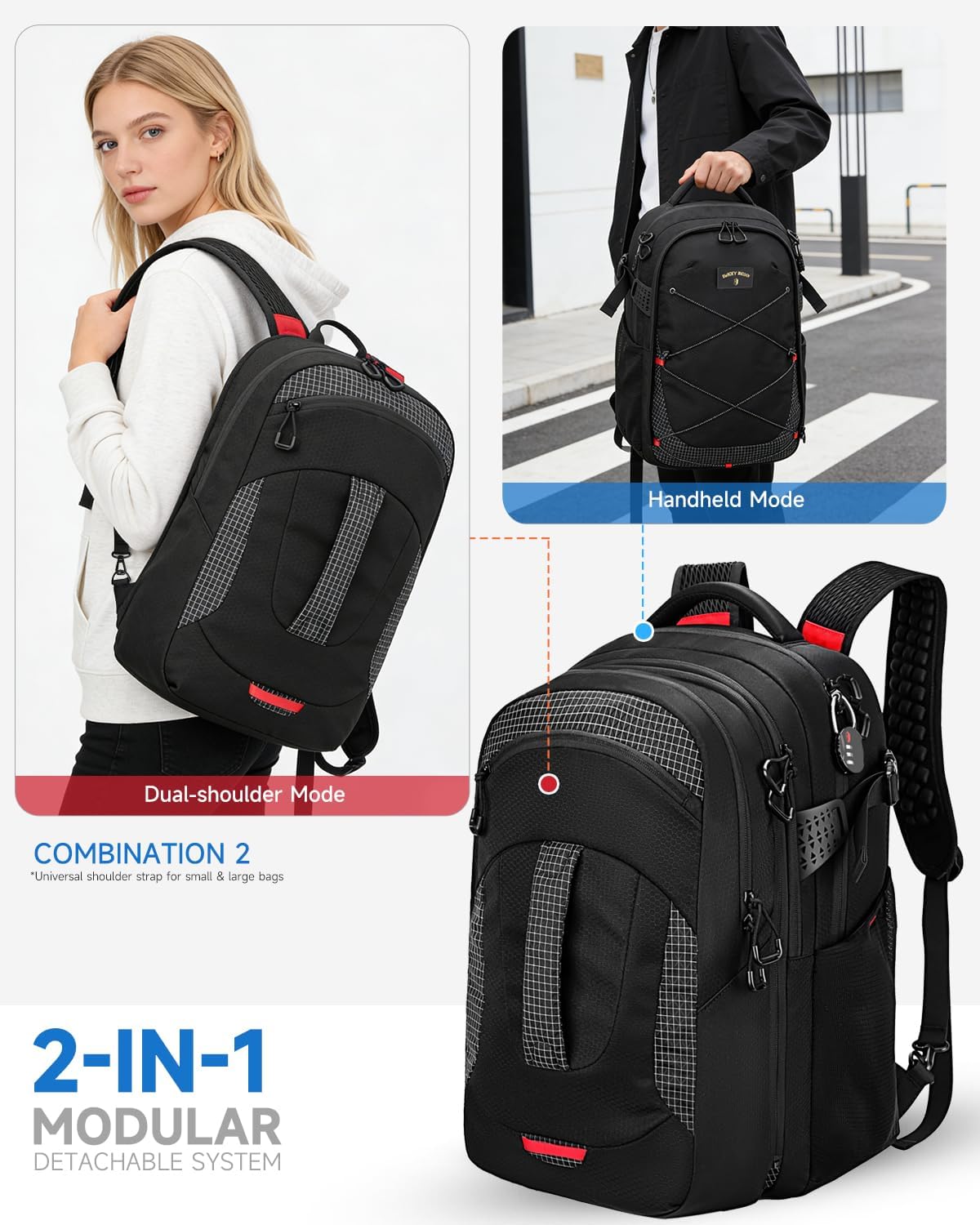 Modular 2 in 1 Travel Backpack with Detachable Daypack, 56L Carry On Backpack Flight Approved, Heavy Duty Ripstop Laptop Backpack for Men Women, Personal Item Weekender Bag, Black