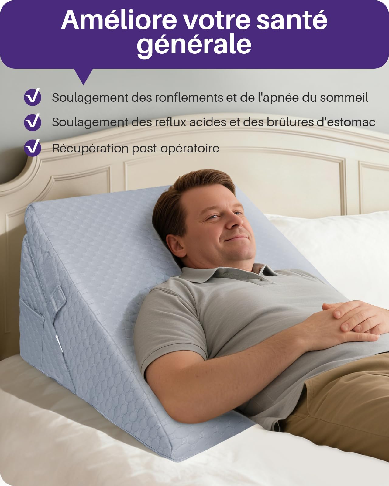 Kekoy Rehausseur Matelas Adulte Réglable – Idéal Contre l’Apnée, Reflux Acide, Douleurs Dorsales, Ronflements | Oreiller Anti-Reflux en Mousse à Mémoire, Housse Amovible, Poignée (Gris)