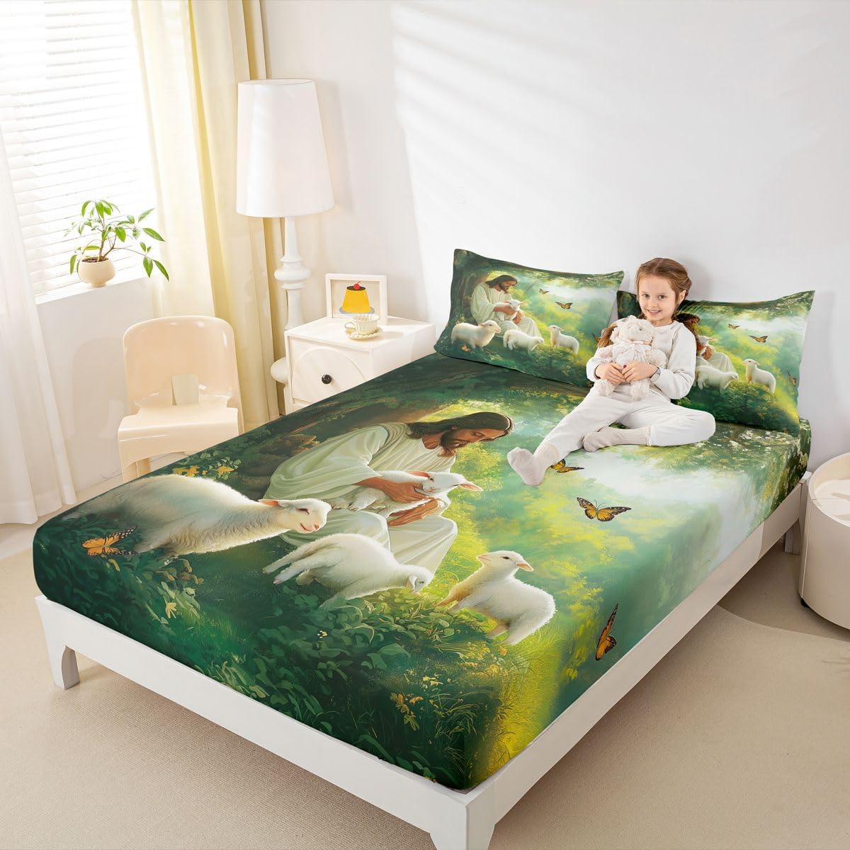 Castle Fairy God and Lamb Boys Girls Bed Sheets,Spring Spiritual Bible Verse Room Decor,Rustic Animal Natural Kids Twin Size Fitted Sheet,Green Bedding Set,1 Pillowcase(No Flat) image 4