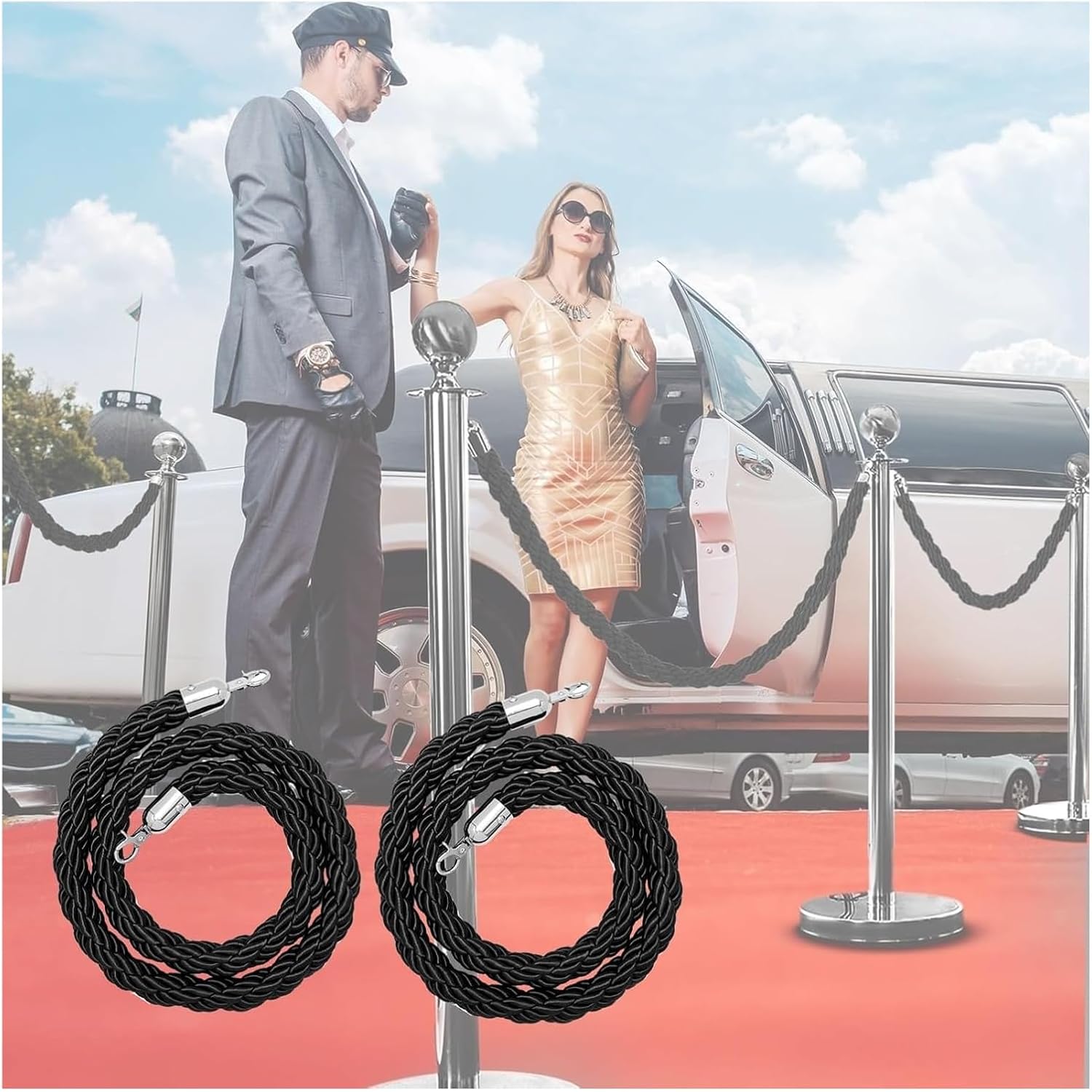Premium Black Velvet Stanchion Rope - 2PCS 1.8m/6ft Braided Barrier with Silver Hooks - Elegant Safety Queue Rope for Events, Red Carpet, and Crowd Control