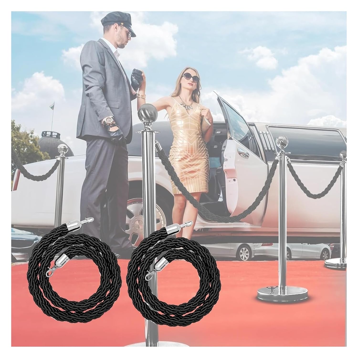 Velvet Stanchion Rope, Rope Barrier, Black Velvet Ropes, Braided Stanchion Rope, Safety Barrier Rope with Hooks,2PCS(Silver Hook,2m/6.6ft)