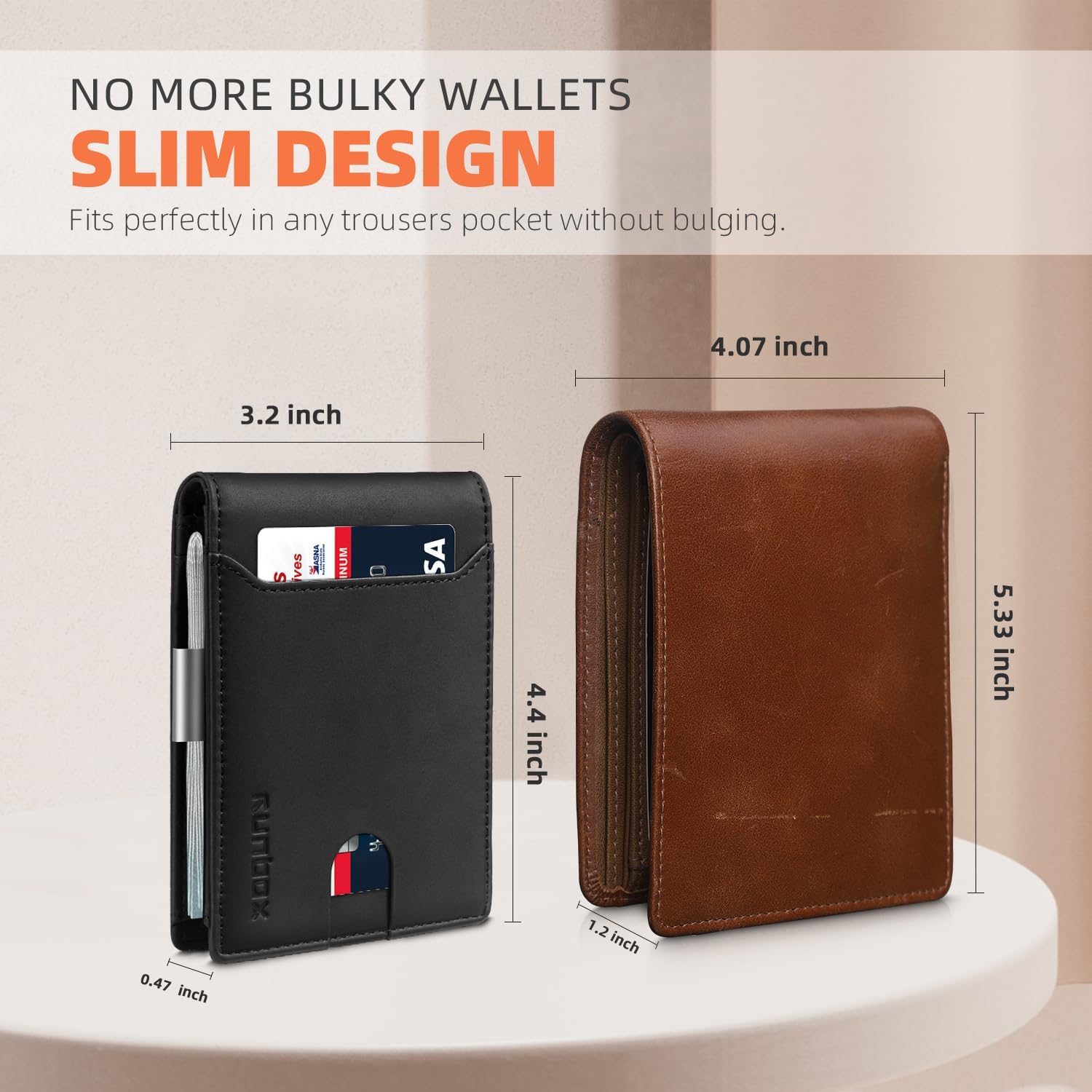 RUNBOX Slim Wallets for Men - Leather Money Clip Mens Wallet - RFID Blocking Front Pocket Bifold Wallet - Thin Credit Card Holder with Gift Box - Image 3