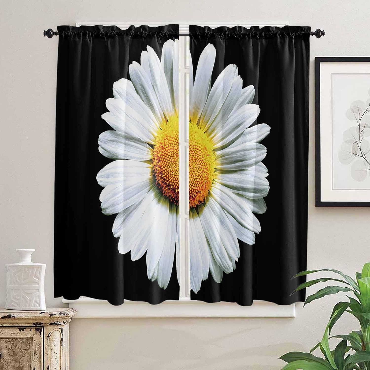 Spring Floral Kitchen Curtains, Daisy Summer Botanical Classic Black Light Filtering Window Curtain Panels, 2Pcs Rod Pocket Window Treatments Set for Study Room Bathroom Bedroom 52x54 Inches