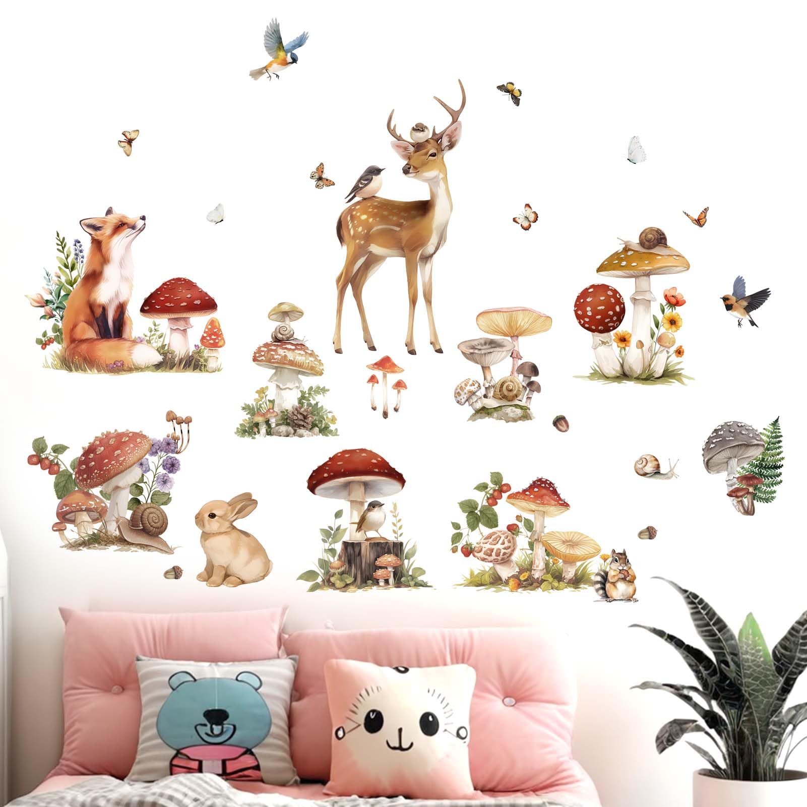 Woodland Animals Wall Stickers for Baby: Peel and Stick Mushroom Deer Fox Rabbit Wall Decals - Image 2