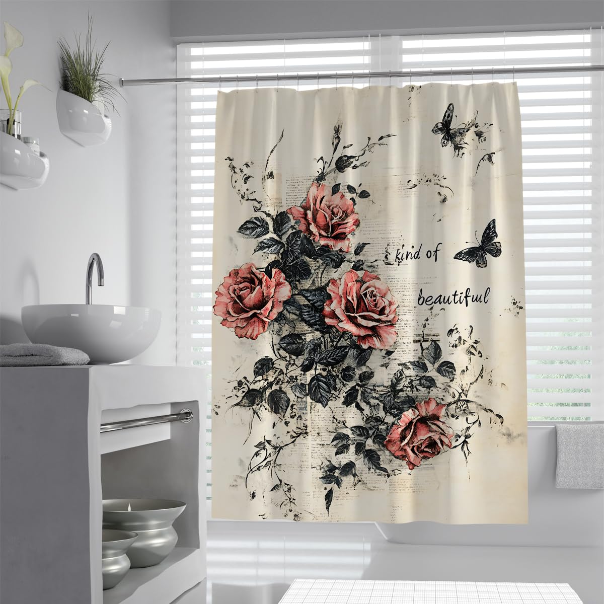 Rideau bain rose papillon déco salle de bain rétro 120x180cm