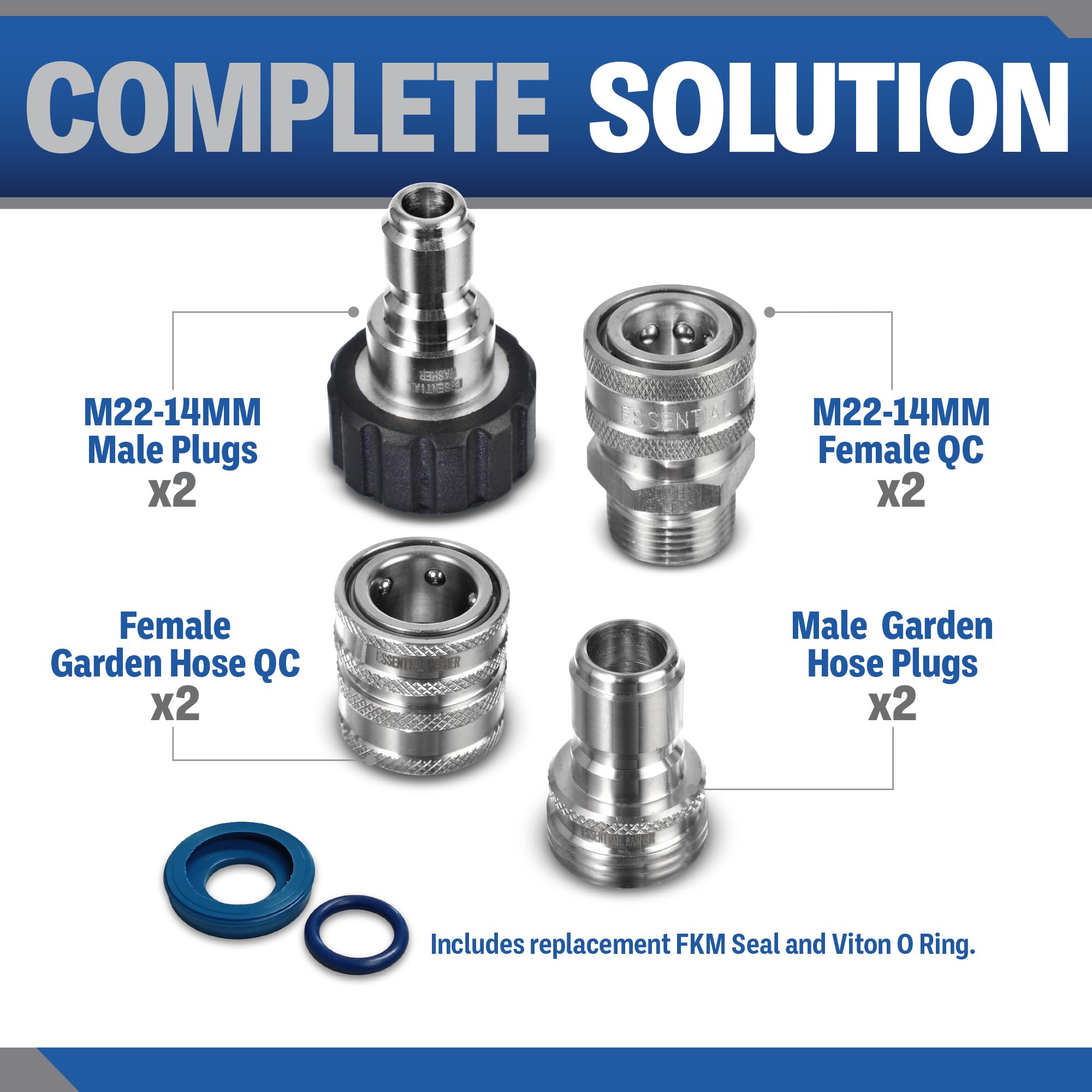 ESSENTIAL WASHER Kit de conexión rápida de manguera de lavado a presión, M22-14 mm a macho hembra de 3/8 pies, incluye 2 conectores hembra y 2 conectores macho M22-14 mm, 2 conectores macho de
