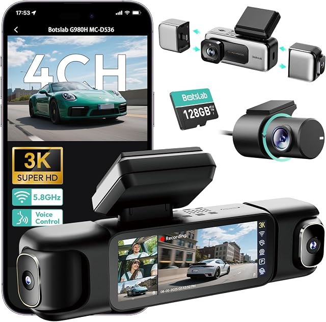 BOTSLAB 4-Channel 360° C'est bon. 3K/4K Avant, arrière et côté triple 1080P Caméras 5,8GHz WiFi, GPS, Contrôle de la voix: 24/7 Mode de stationnement: 128GB SD Carte incluse 12 Garantie de remplacement pour mois