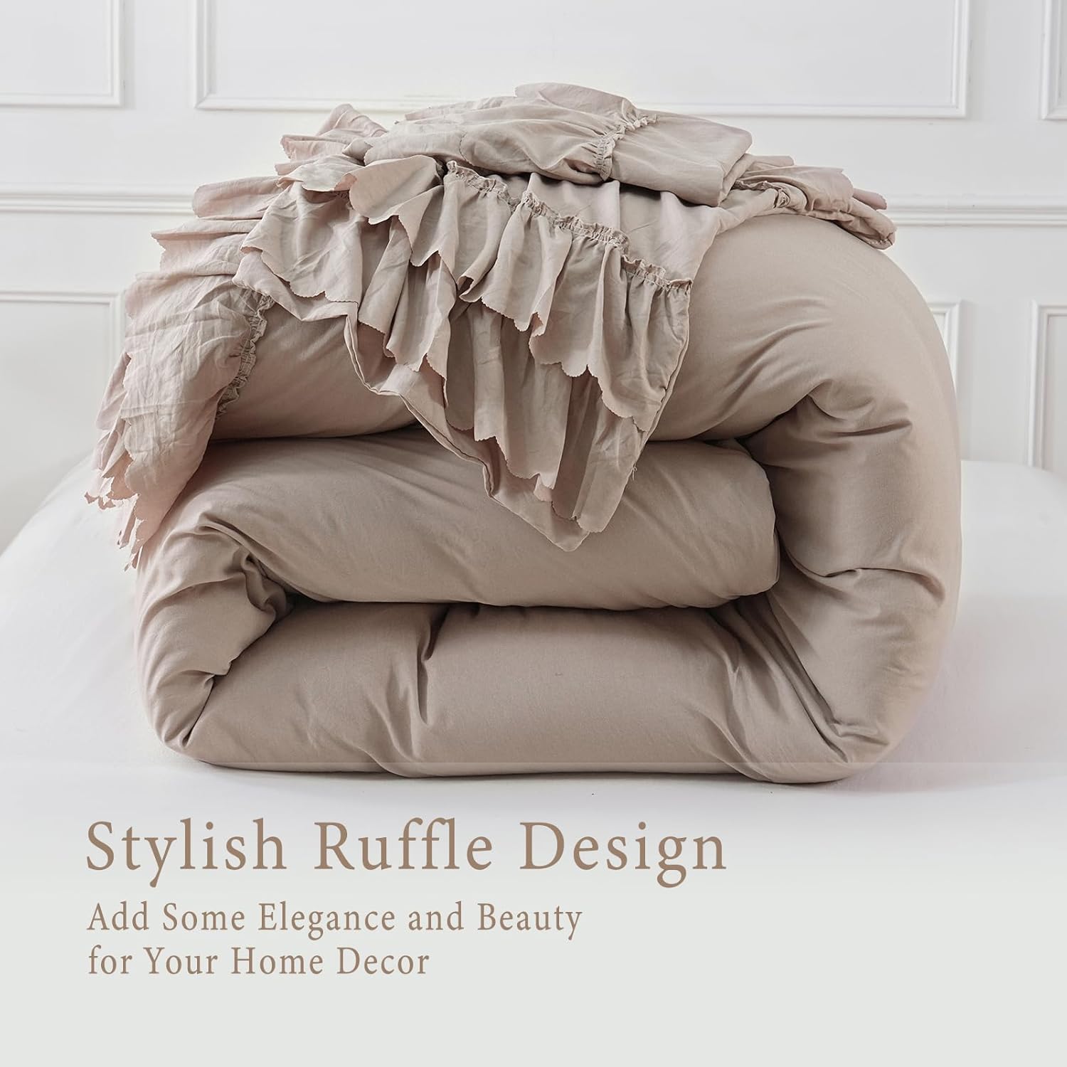 Herside Taupe Boho Ruffle Comforter Queen Size,Shabby Chic Ruffle Bedding Set,2 Layers Ruffles Fluffy Vintage Comforter Home Decor,Farmhouse 3 Pcs Microfiber Lightweight Quilt Set for Women Girls - Image 7