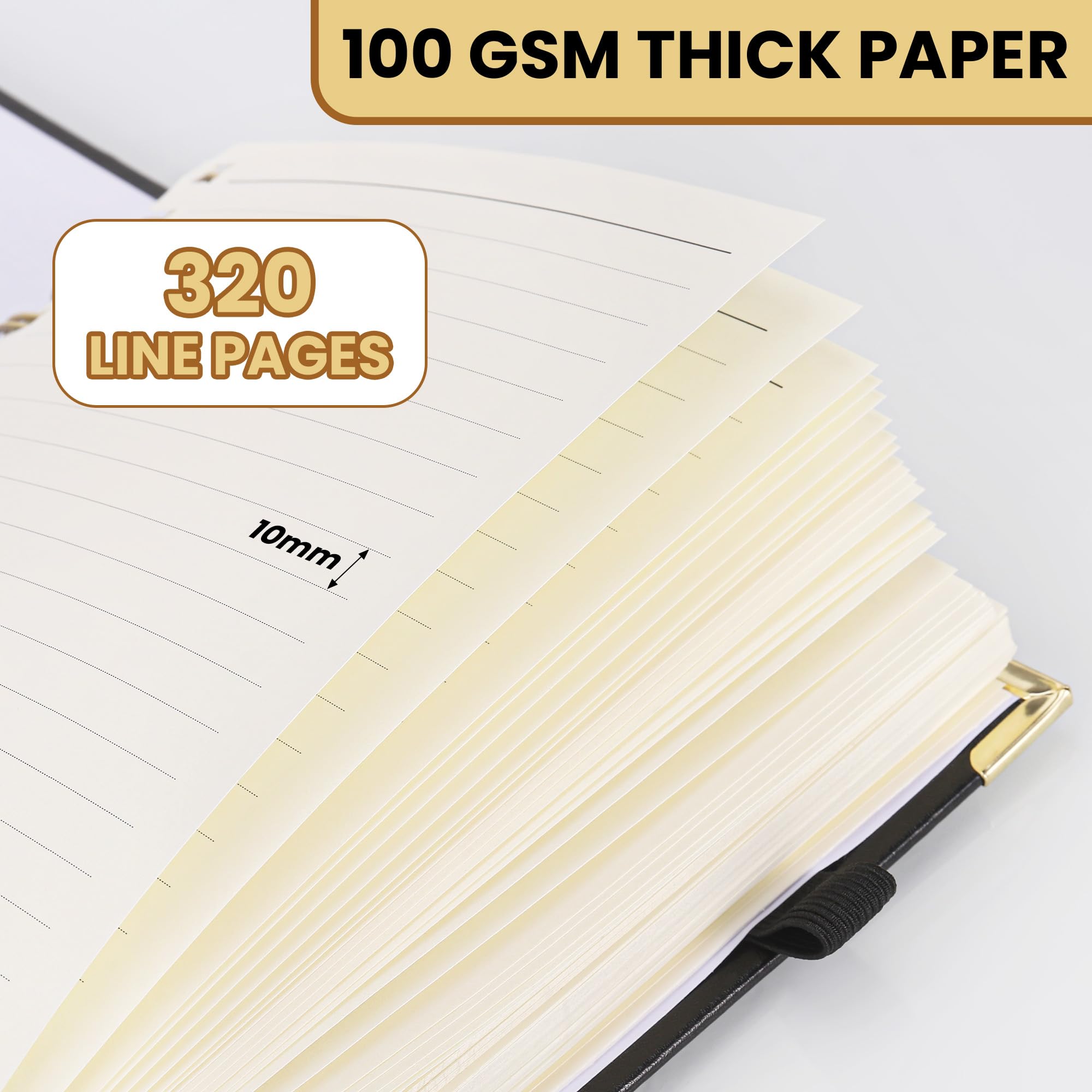 JIANTA Cahier Spirale A5 Ligné 320 Pages – Cuir Synthétique Noir, Coins Dorés, 160 Feuilles, Pochette + Index