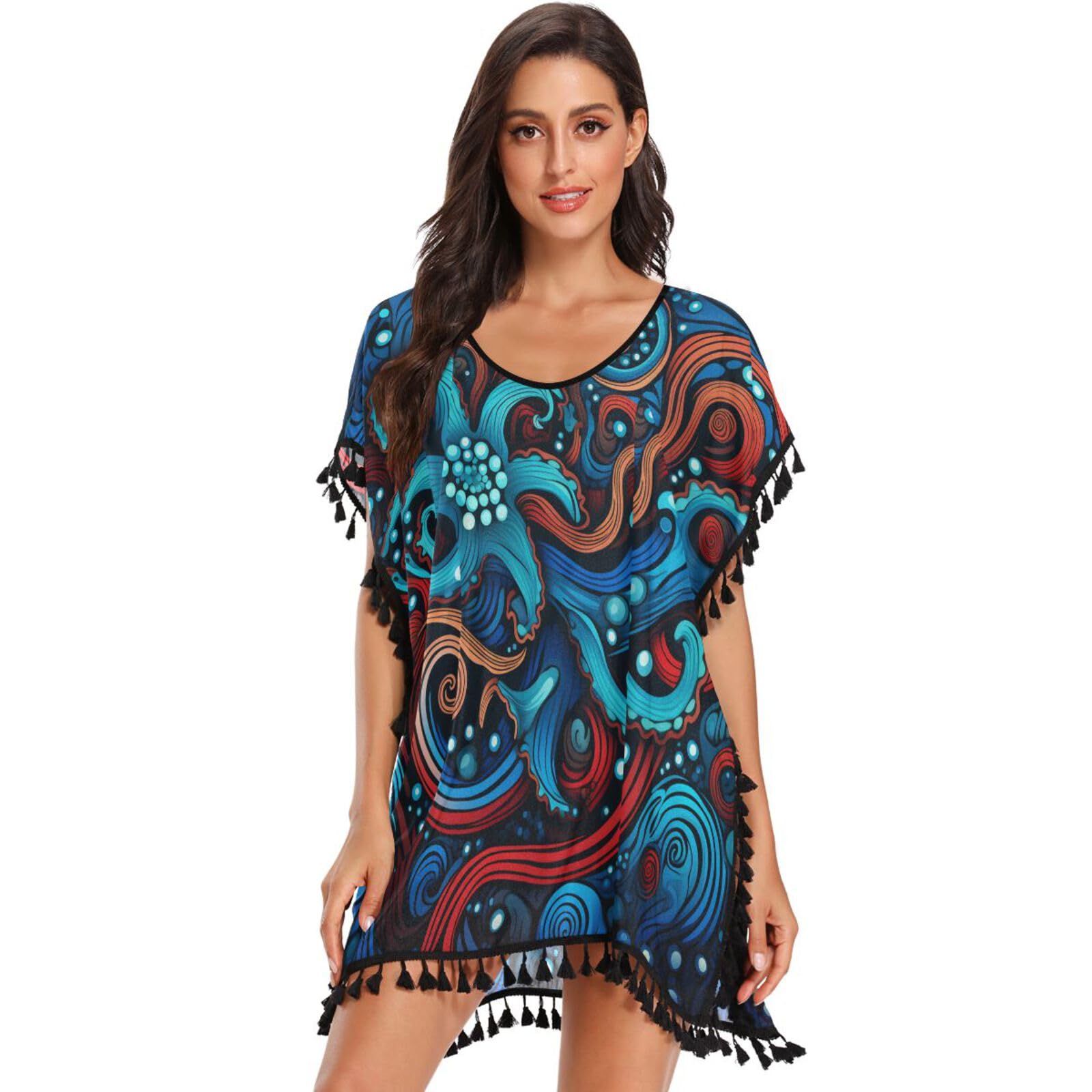 KAAVIYO Dark Octopus Abstract Blue Women's Beach Cover Up Chiffon Tassel Swimwear Swimsuit Coverups for Girl