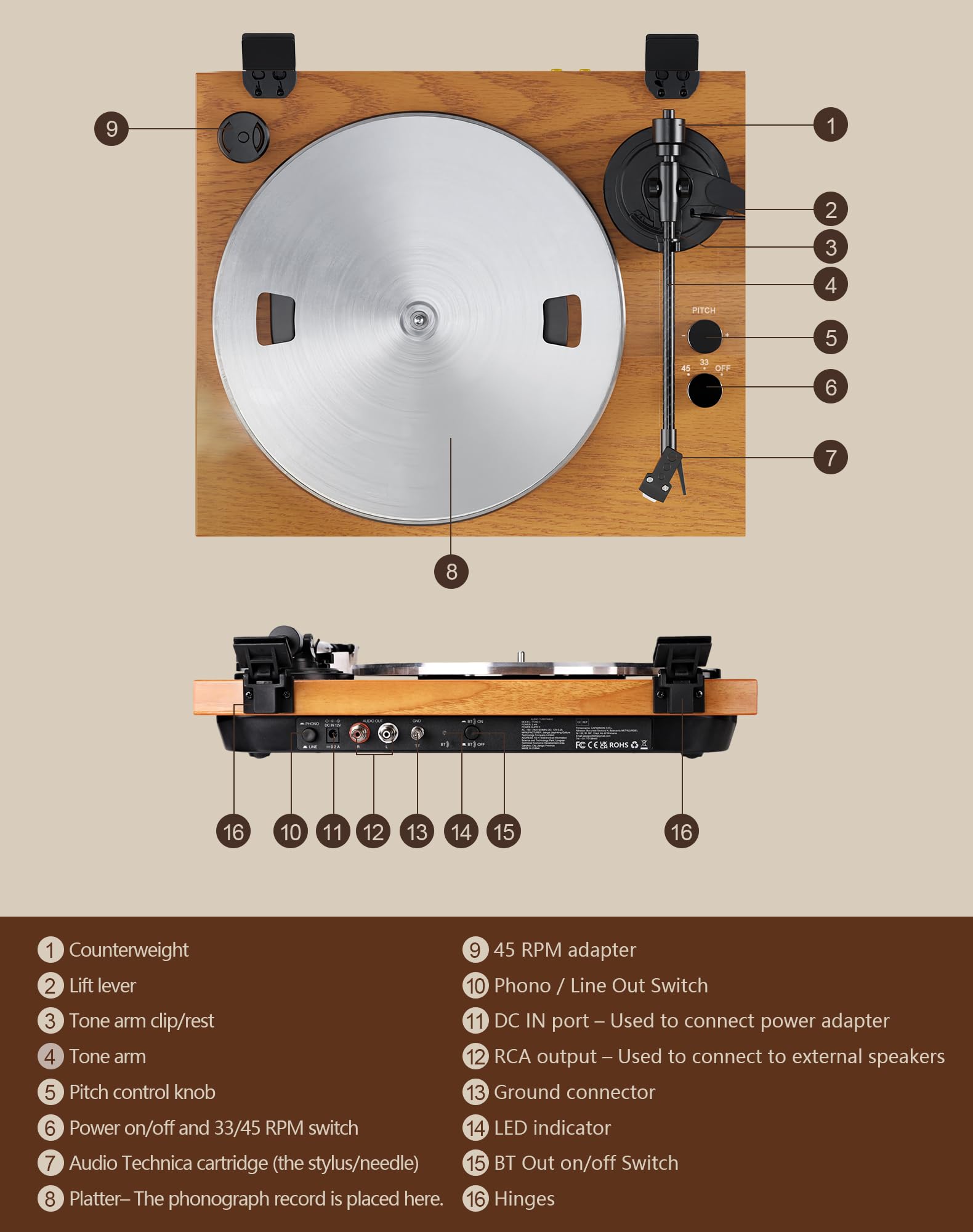 Tocadiscos Bluetooth con lápiz AT-3600L, velocidad ajustable (33 y 45 rpm) – Control antipatines y regulación de tono para un sonido equilibrado y detallado de grano de madera