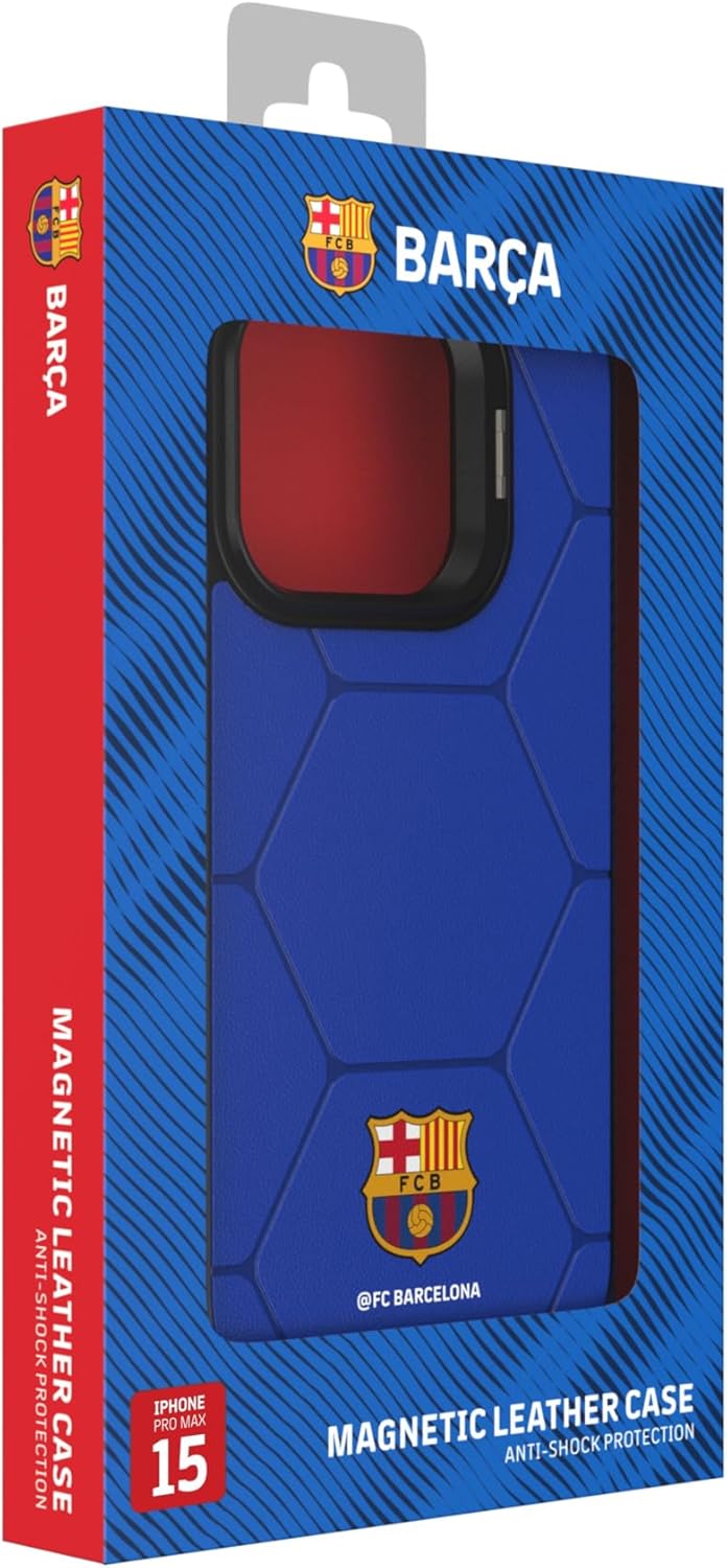 OCPC FC Barcelona Phone Case with Built-in Stand, Premium PU Leather, Anti-Slip & Shockproof, Licensed by FC Barcelona and Made Gaming USA, Inc. for iPhone 15 Pro Max Multicolor