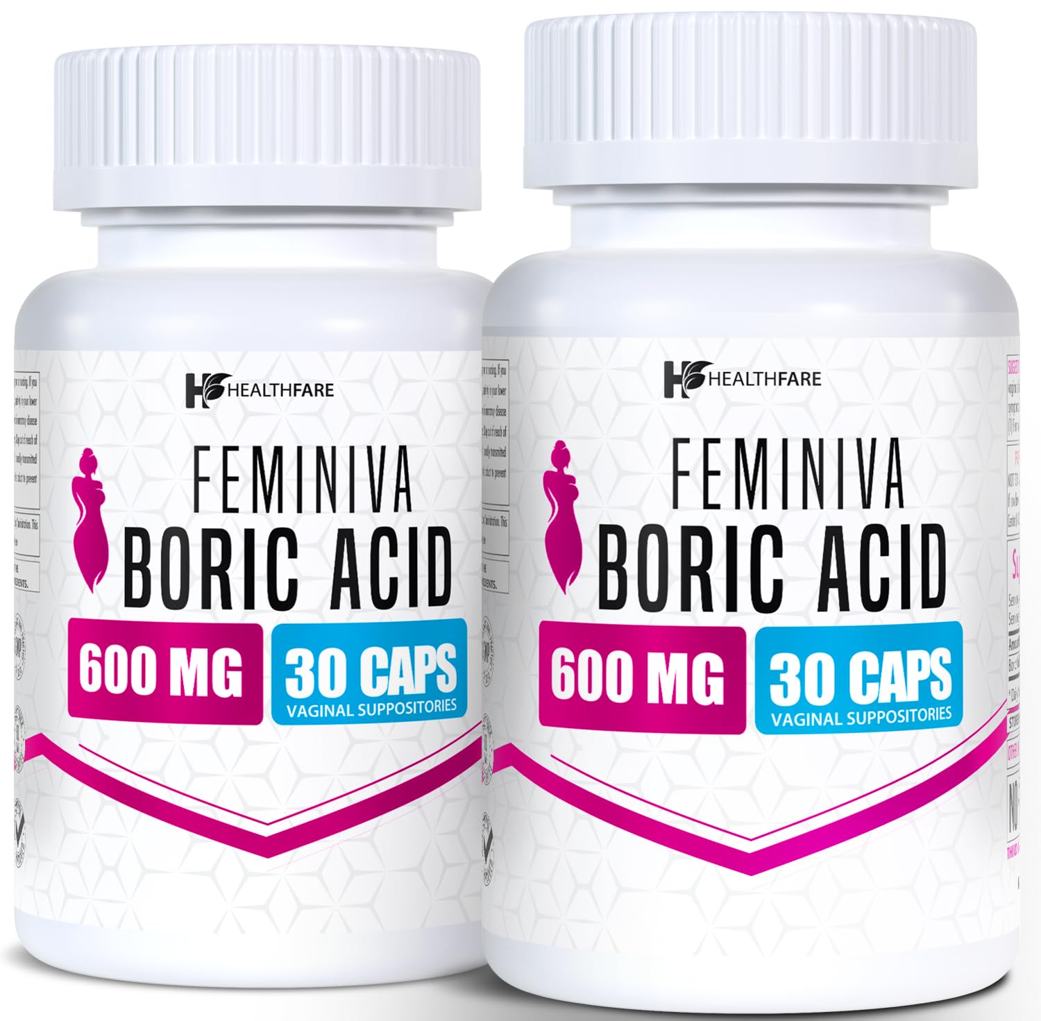 Feminiva Boric Acid Suppositories | 2-Pack | 30 Vaginal Suppositories Each | 600mg | 100% Pure | Made in The USA