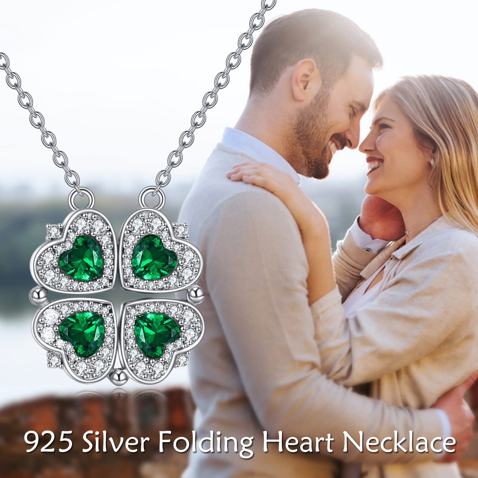 POPLYKE Collar de plata de ley con colgante de trébol de cuatro hojas de la suerte para mujer, circonita cúbica, corazón