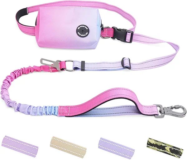 COSOWO Hands Free Dual Handle Retractable Bungee Leash with Reflective Trim, Adjustable Waist Belt for Dog Walking, Running, Hiking - Durable Nylon Leash for Medium Large Dogs, Pink