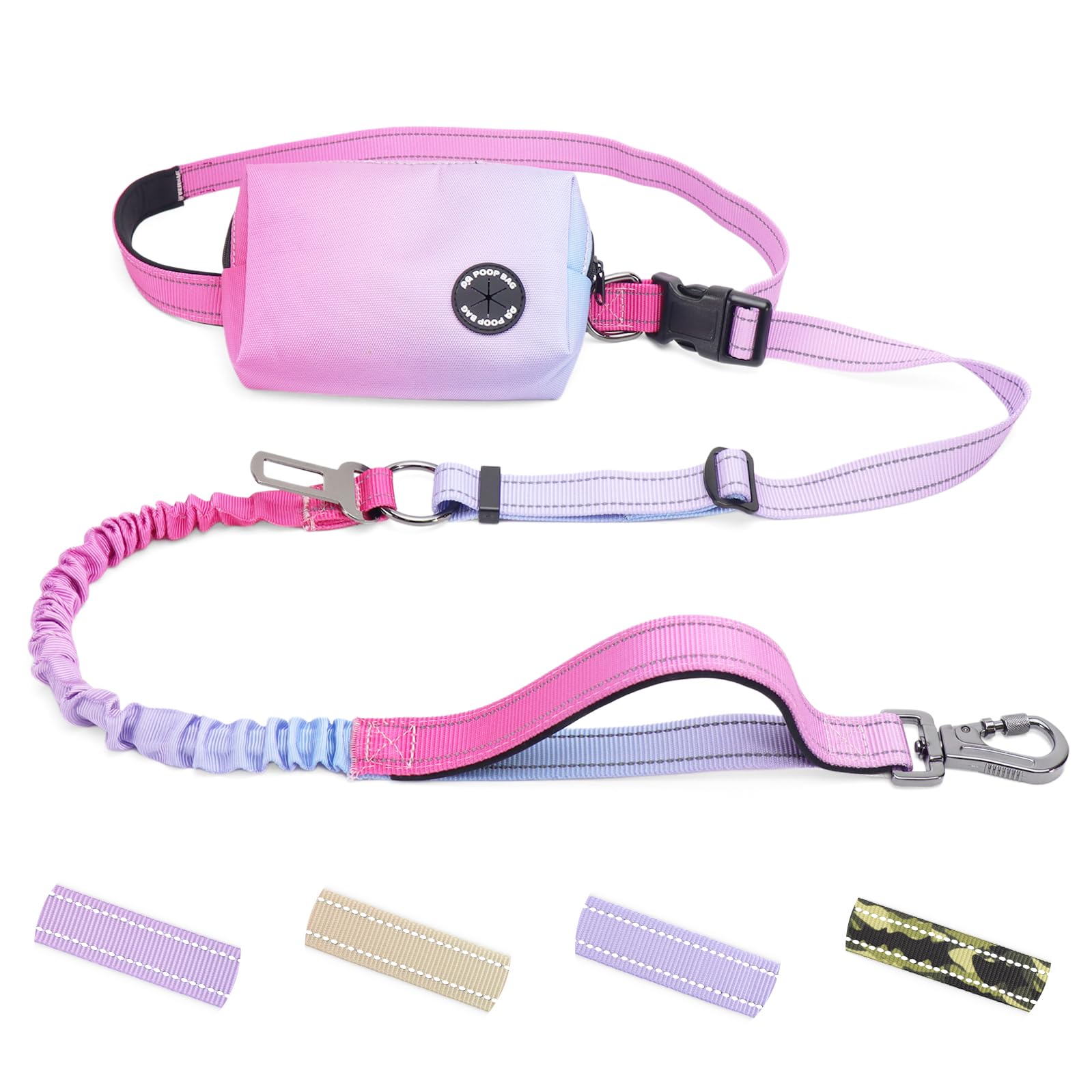 COSOWO Hands Free Dual Handle Retractable Bungee Leash with Reflective Trim, Adjustable Waist Belt for Dog Walking, Running, Hiking - Durable Nylon Leash for Medium Large Dogs, Pink