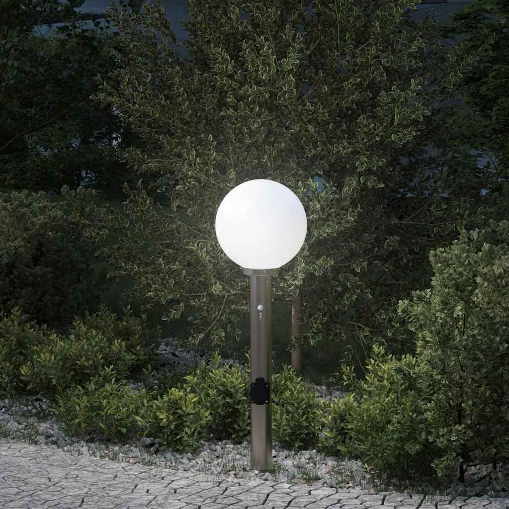 Lámpara de acero inoxidable de 80 cm con sensor y enchufe IP44, moderna iluminación exterior para jardín, terraza, entrada, lámpara de pie compatible con LED de bajo consumo con difusor y