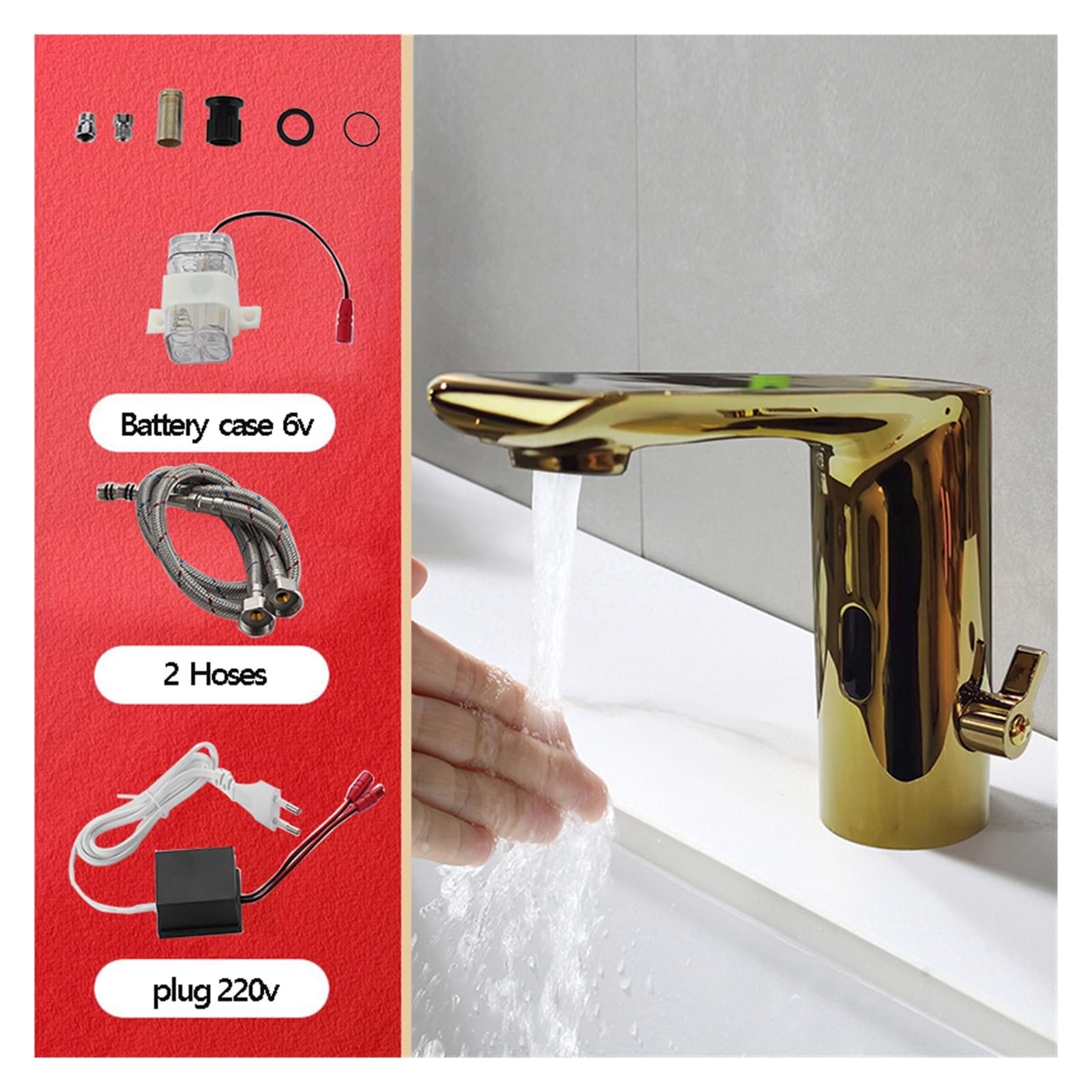Robinet de lavabo Intelligent Intelligent Corps Complet en Laiton cuivre Couleur dorée mitigeur Eau Froide et Chaude AC 220 Tension Batterie 6 V