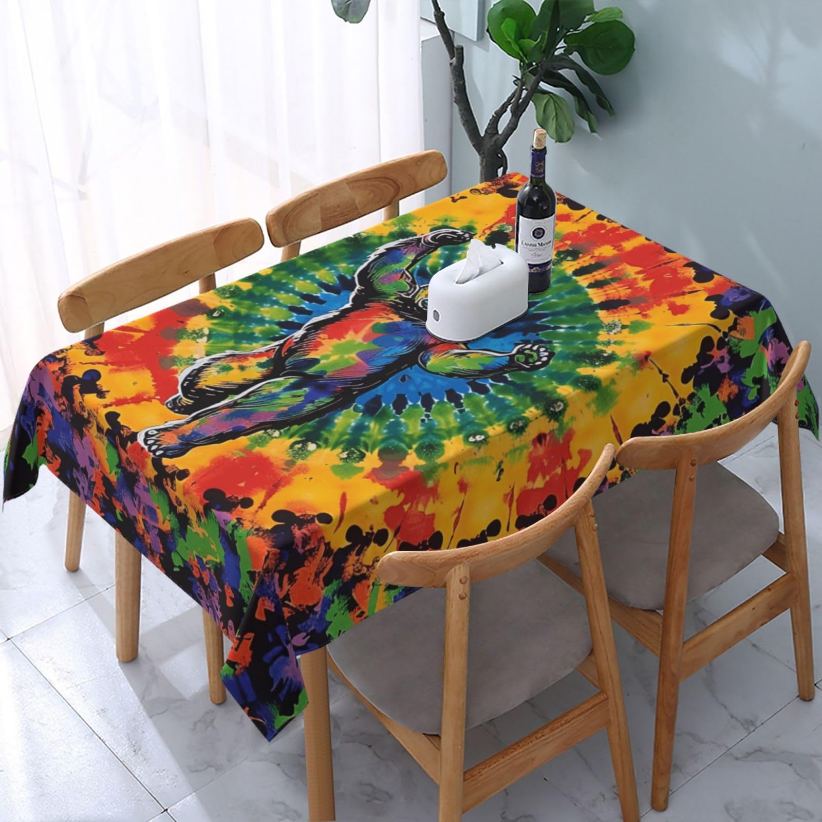 WPKJU Bear Dancing Tie Dye Printed Tablecloth Water Resistant Table Cover Washable Rectangle Table Cloth for Tables 54x72 in