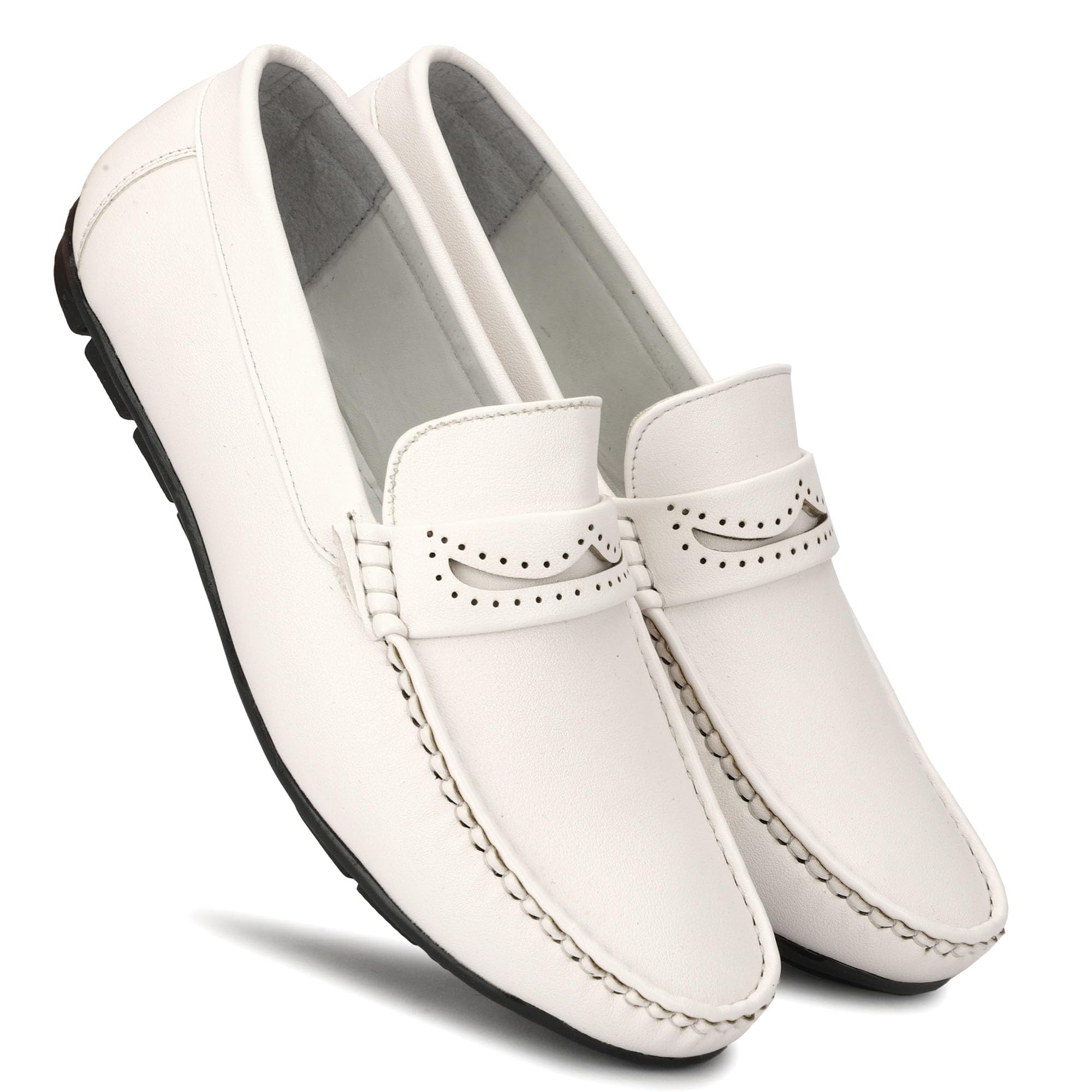 Men's White Slip-On Loafers, Moccasin Style with Perforated Strap Detail-image-40